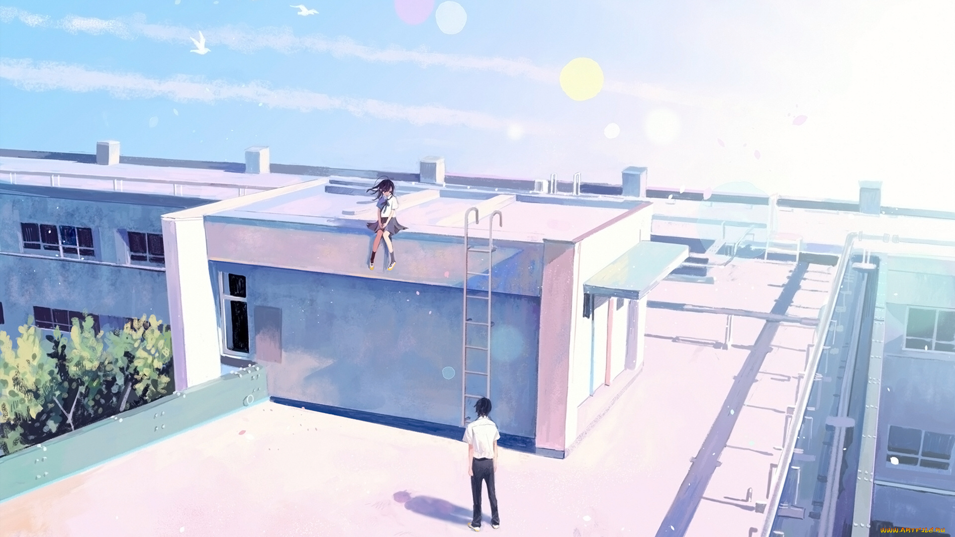 аниме, город, , улицы, , интерьер, , здания, двое, крыша