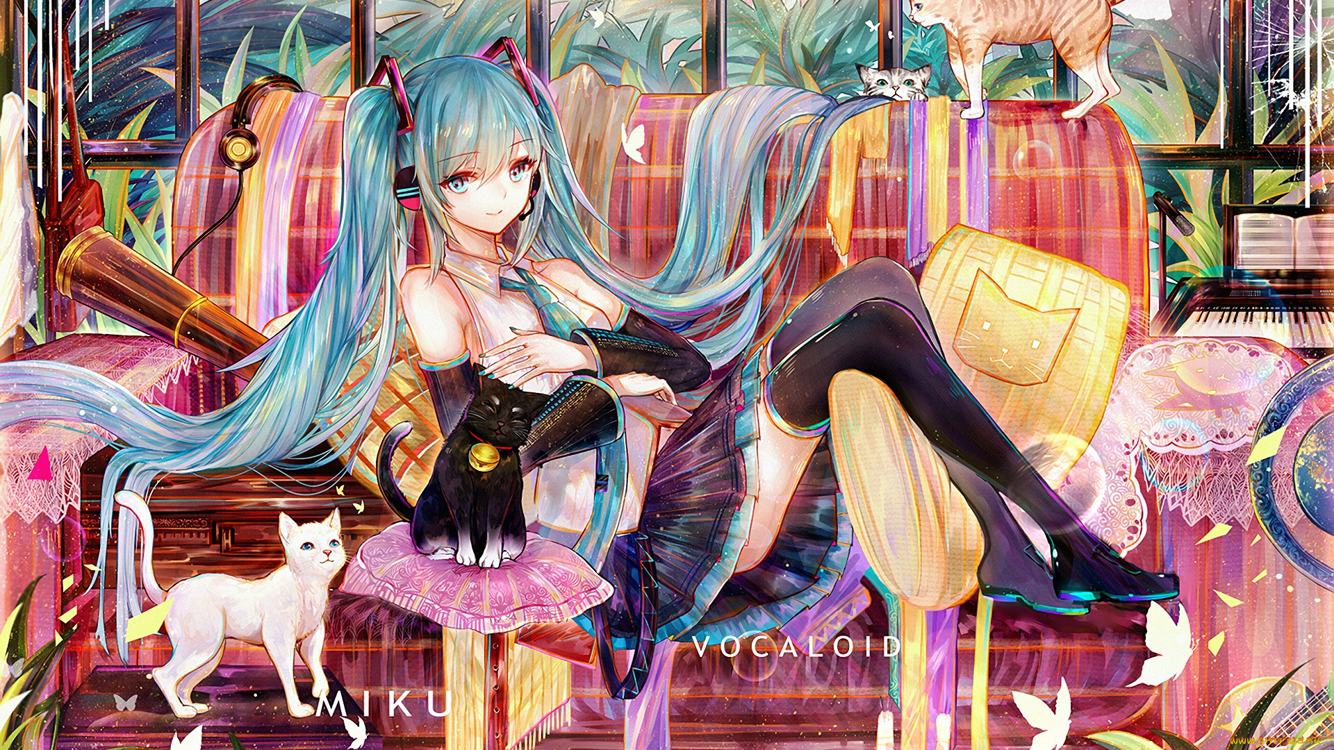 аниме, vocaloid, девушка, коты, арт, вокалоид