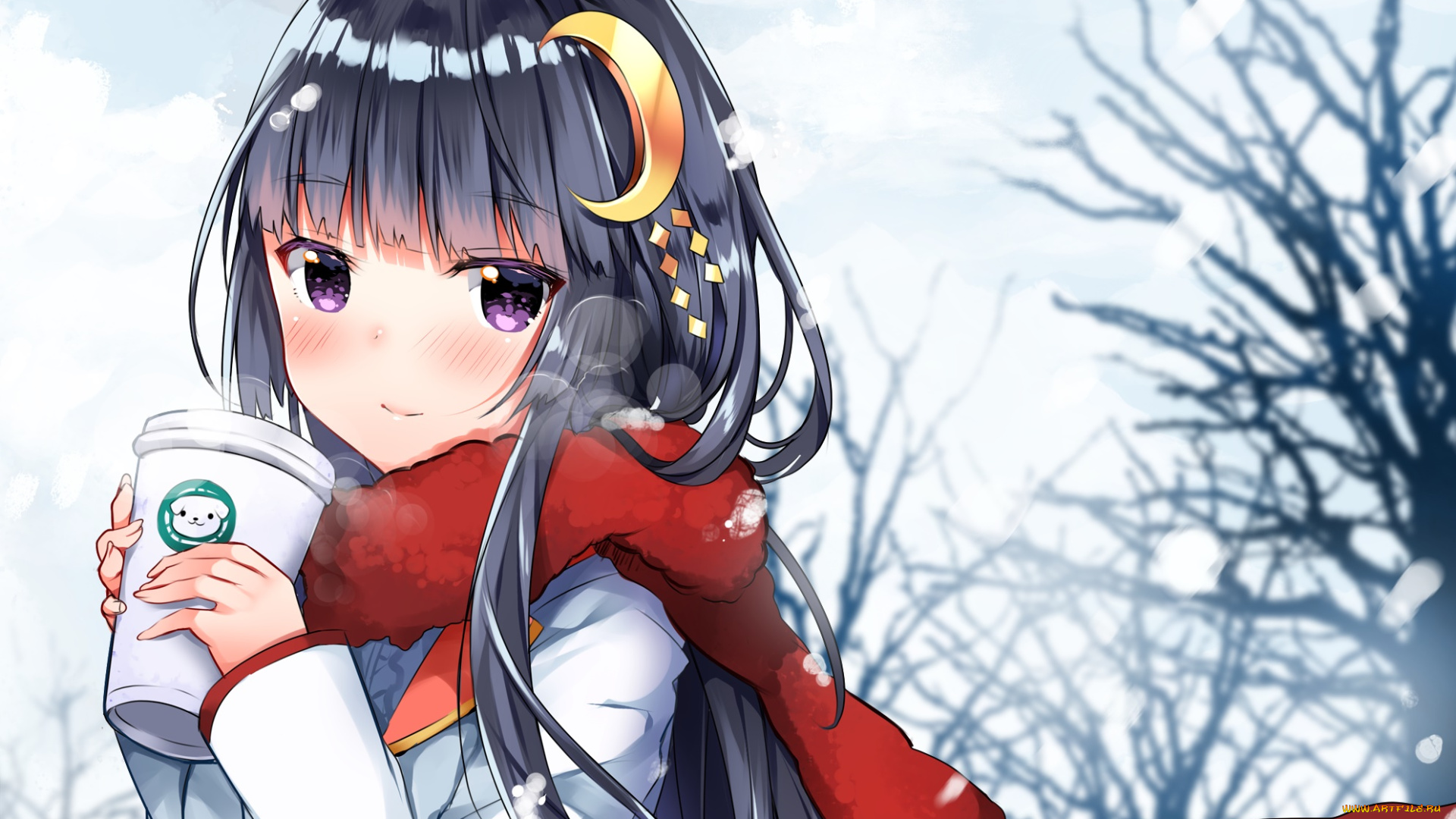 аниме, зима, , новый, год, , рождество, девушка, взгляд, фон