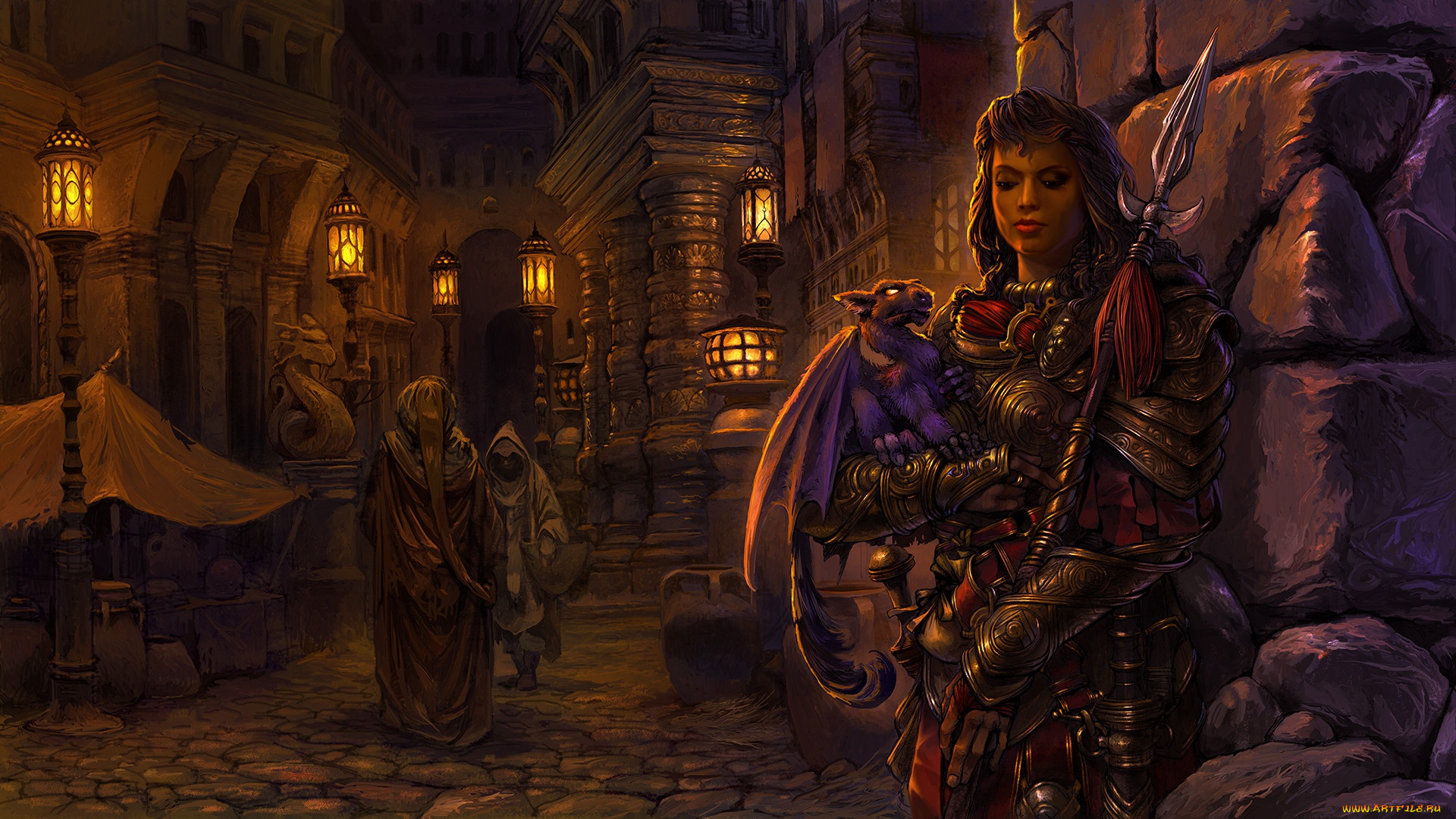 фэнтези, девушки, люди, улица, фонари, ночь, warrior