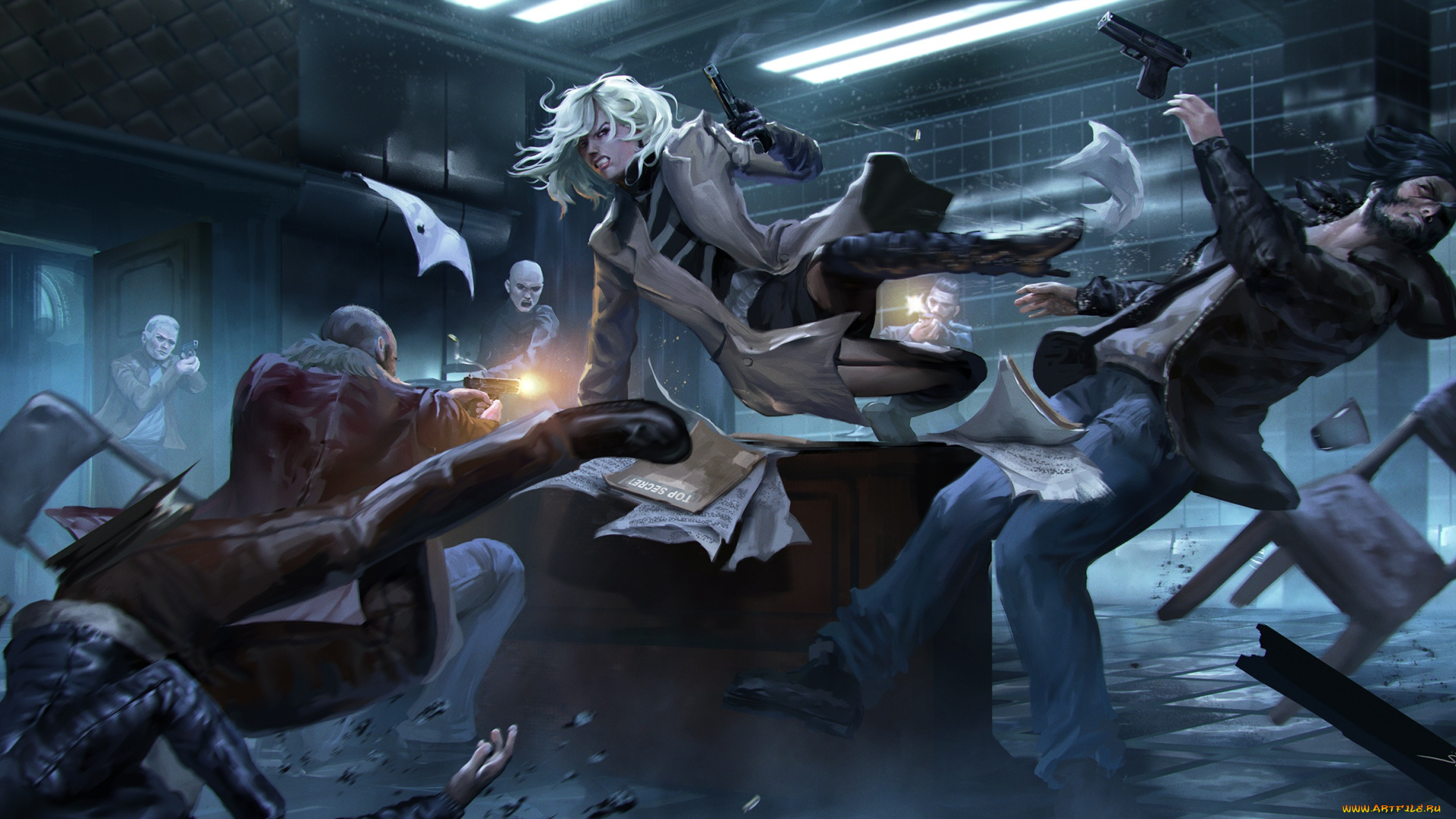 рисованное, кино, девушка, atomic, blonde, пистолет, схватка, charlize, theron, удар, плащ, драка, арт, lorraine, broughton