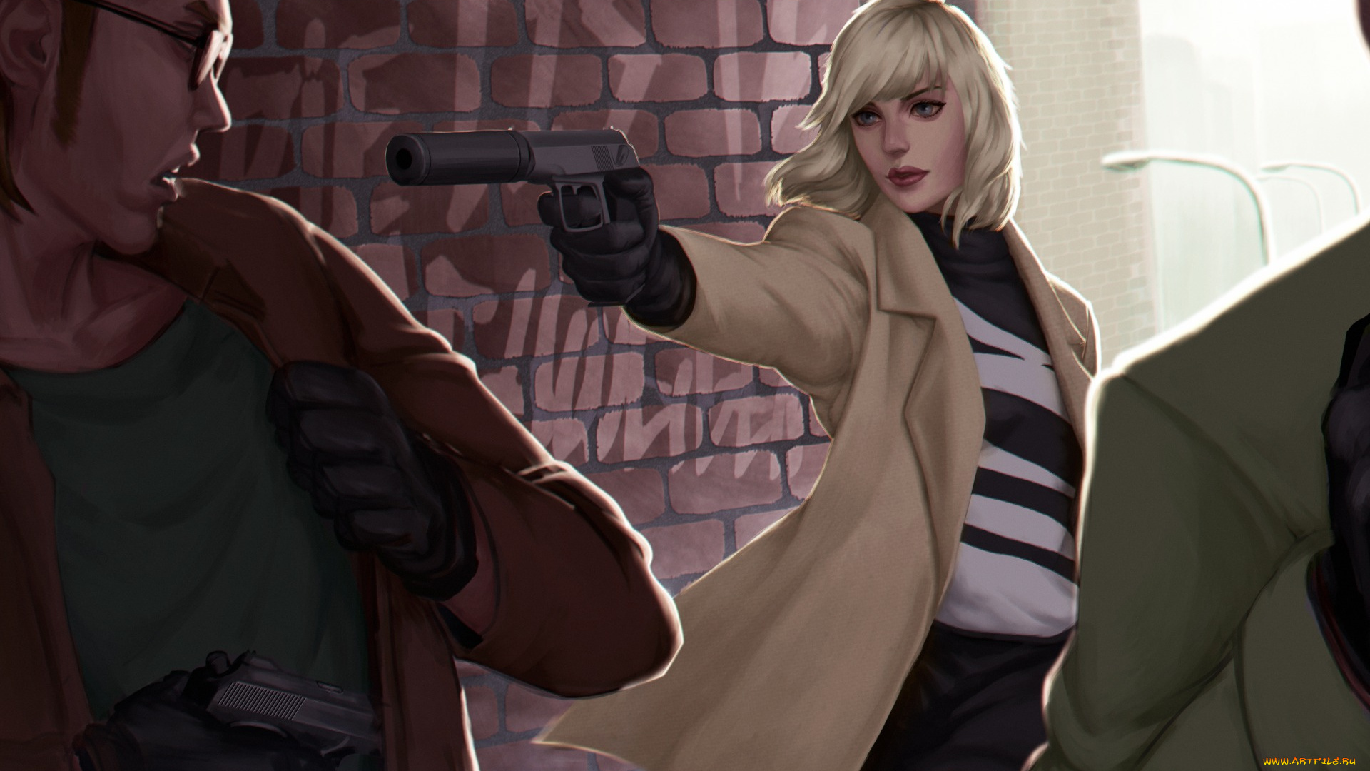 рисованное, кино, мужчины, арт, блондинка, lorraine, broughton, atomic, blonde, девушка, убийца, глушитель, charlize, theron, пистолет