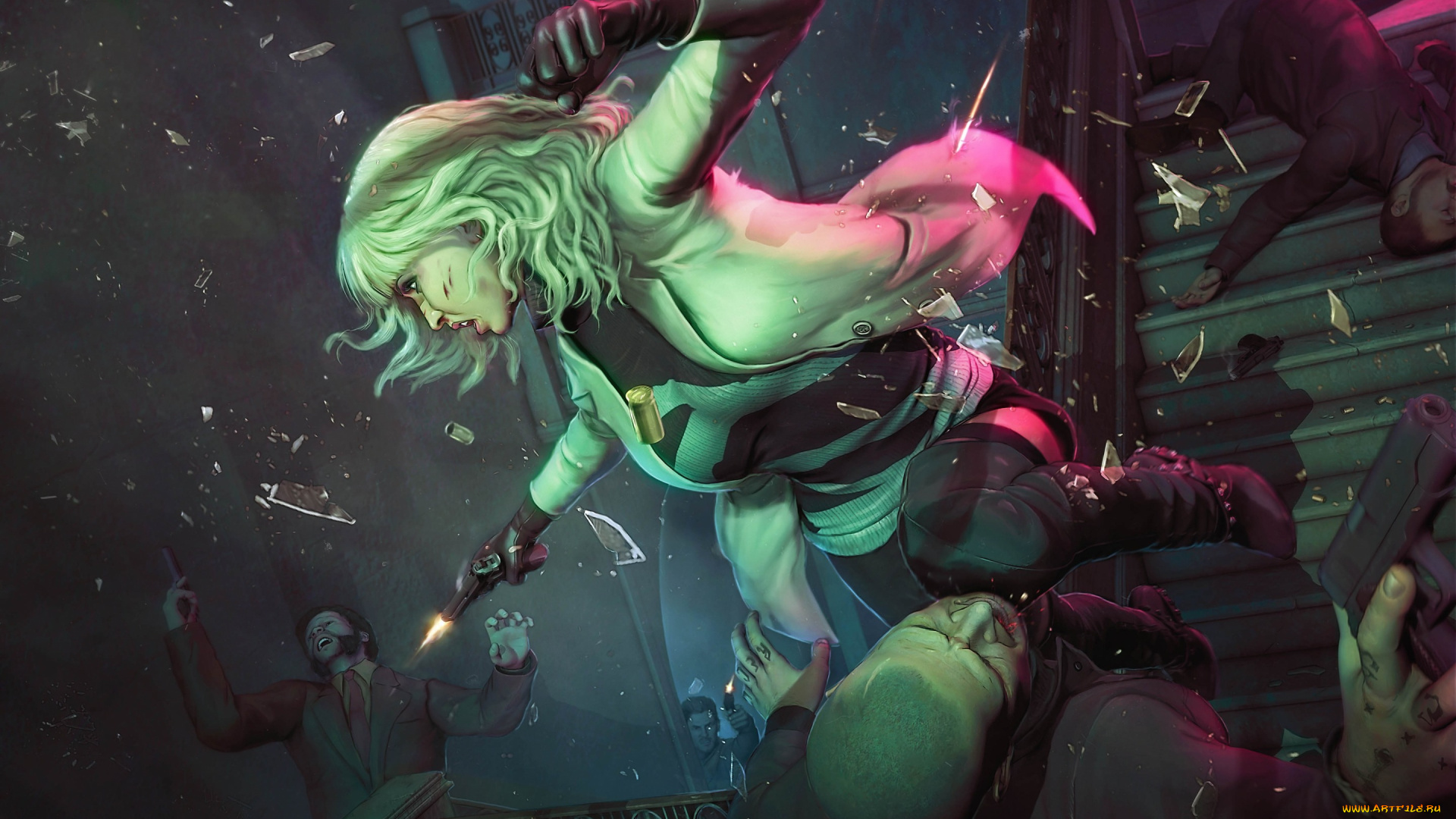 рисованное, кино, убийца, atomic, blonde, осколки, charlize, theron, пистолет, арт, лестница, смерть, фильм, lorraine, broughton, девушка