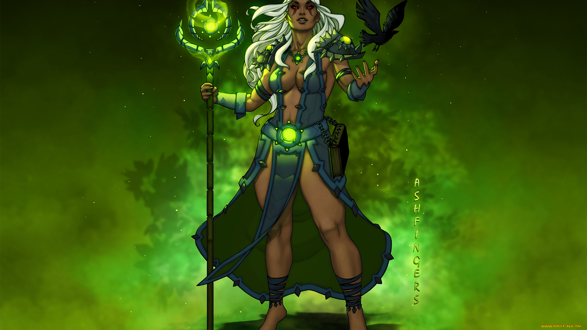 рисованное, комиксы, посох, магия, ворон, взгляд, девушка, фон