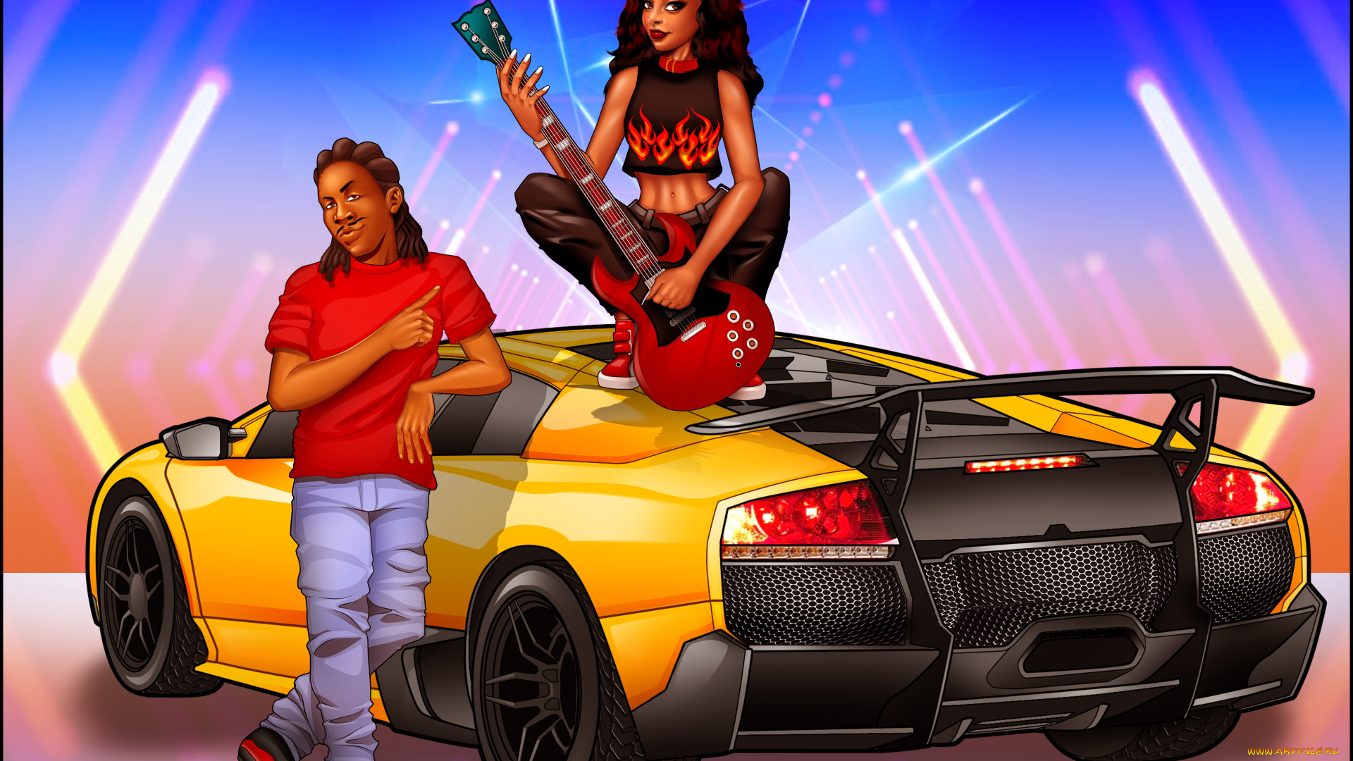 рисованное, люди, мужчина, взгляд, фон, гитара, автомобиль, девушка