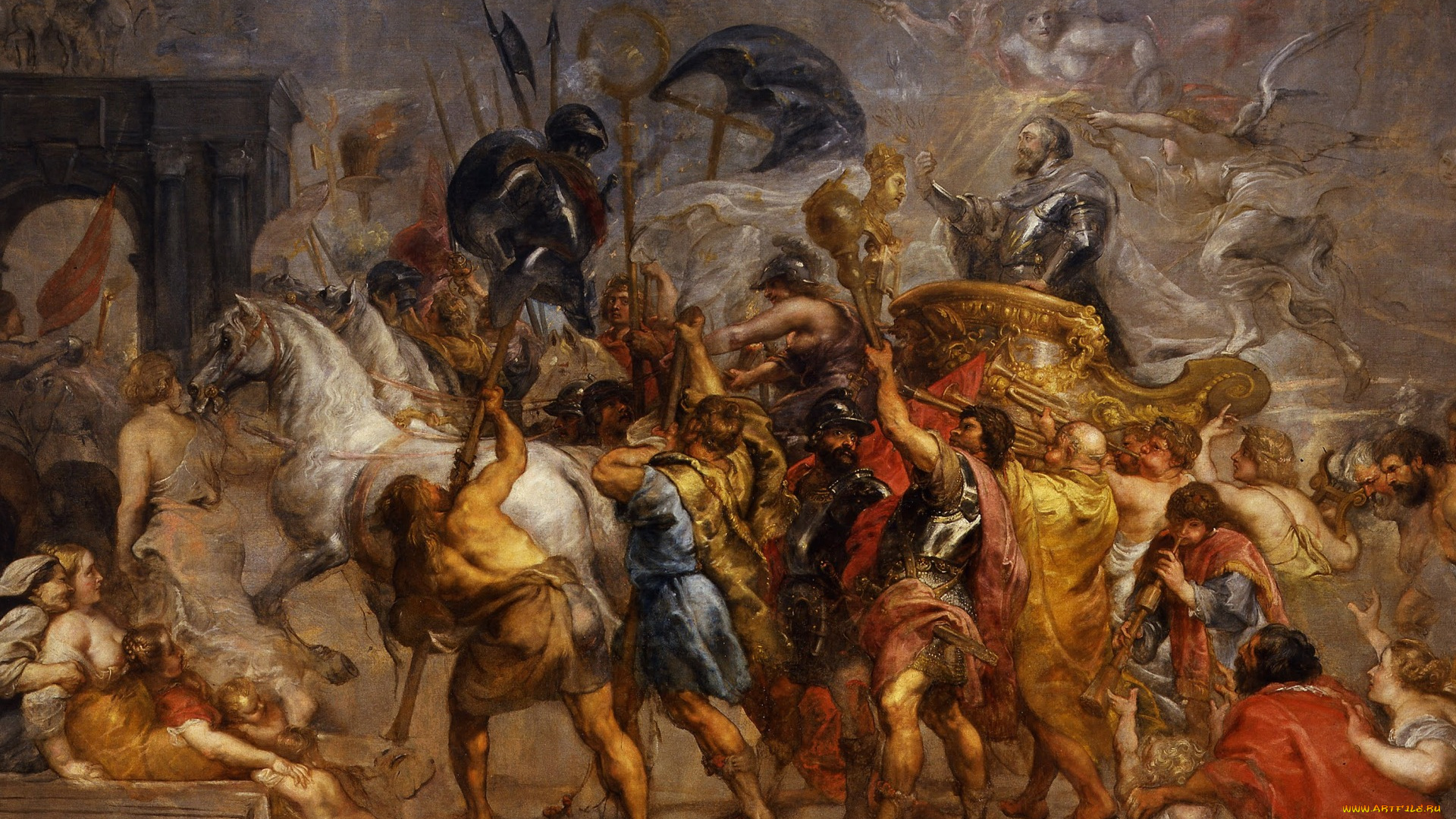 рисованное, живопись, история, картина, питер, пауль, рубенс, pieter, paul, rubens, триумфальное, вступление, генриха, iv, в, париж