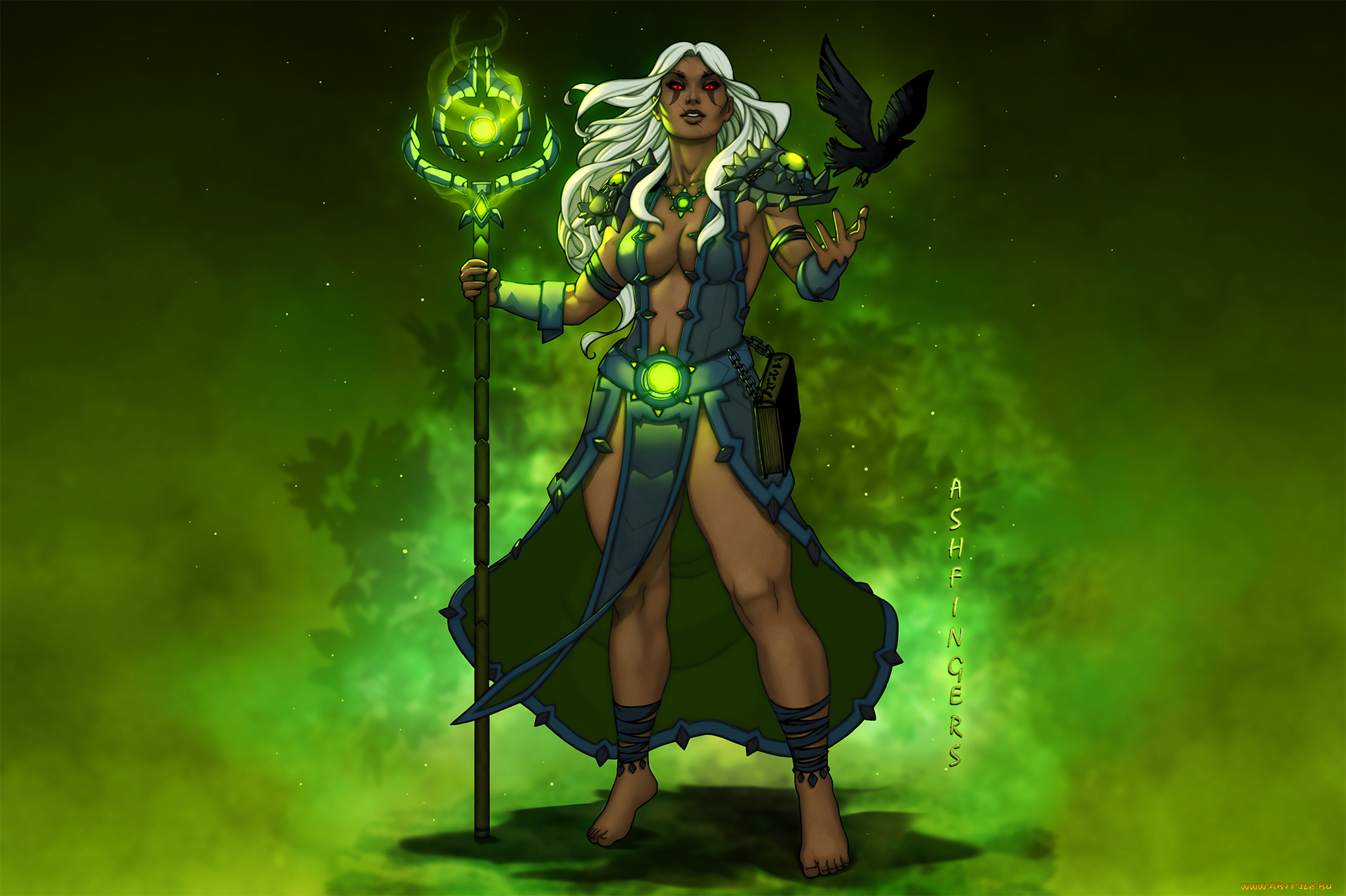 рисованное, комиксы, посох, магия, ворон, взгляд, девушка, фон