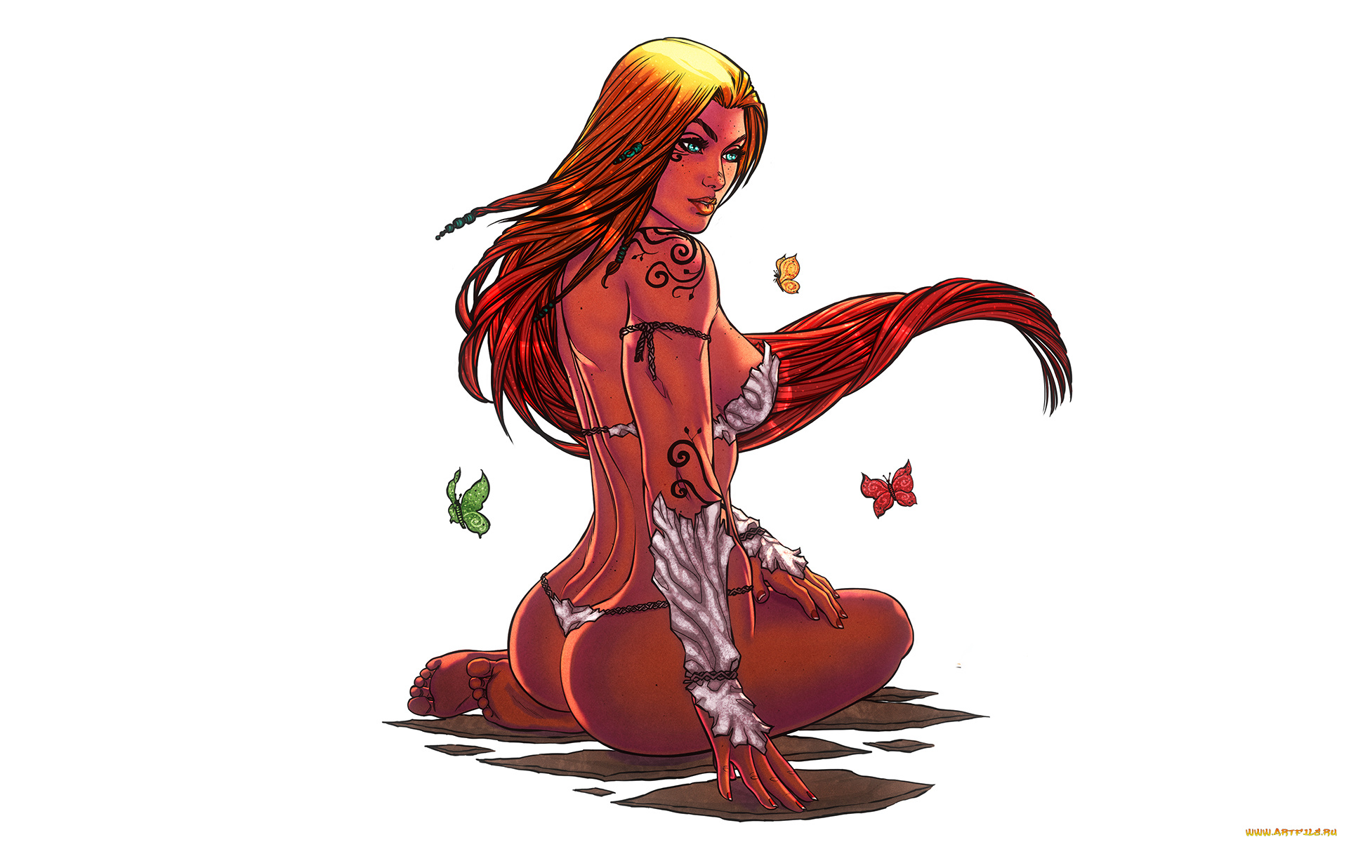 рисованное, комиксы, бабочки, тату, фон, девушка