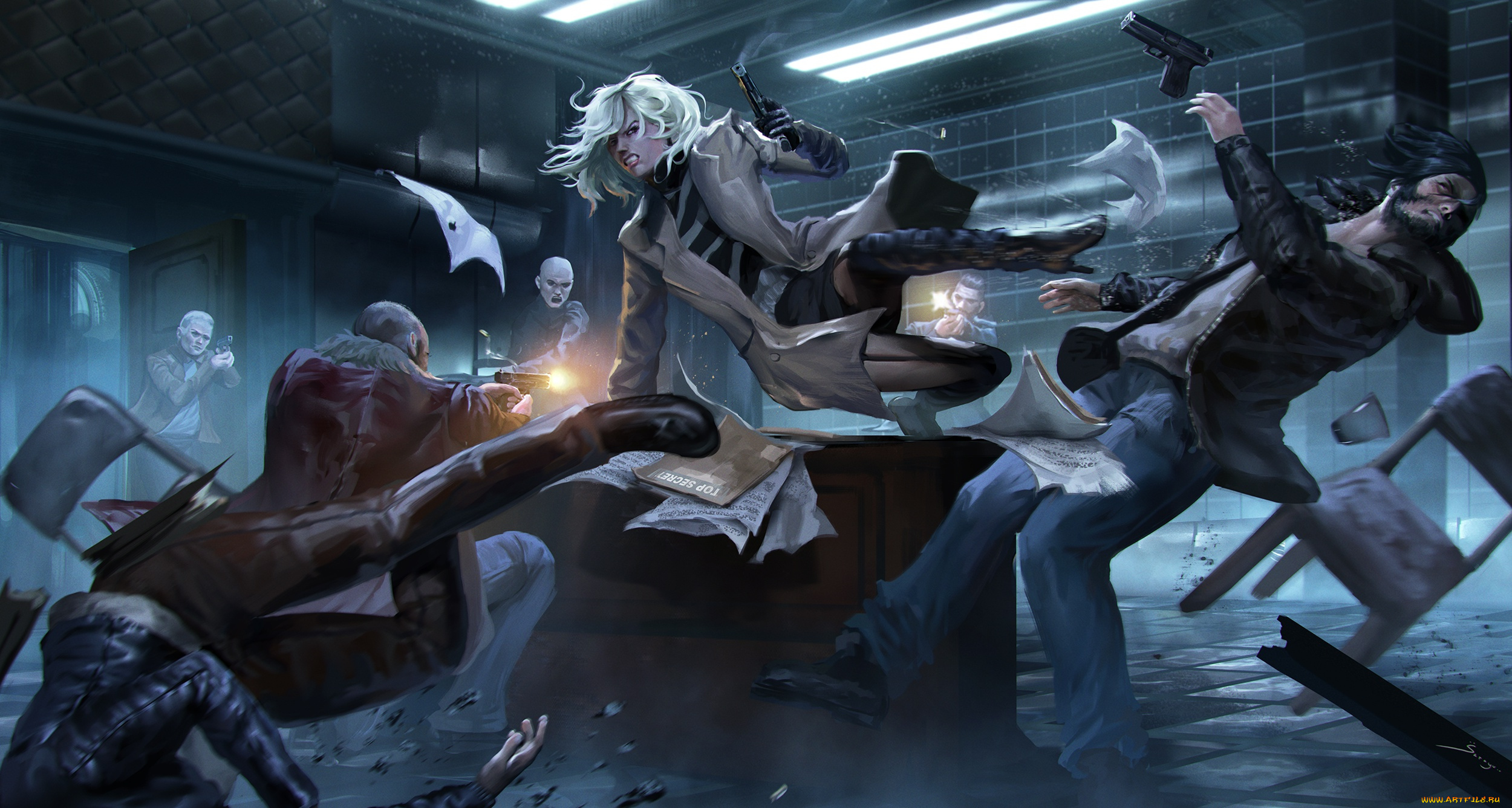 рисованное, кино, девушка, atomic, blonde, пистолет, схватка, charlize, theron, удар, плащ, драка, арт, lorraine, broughton