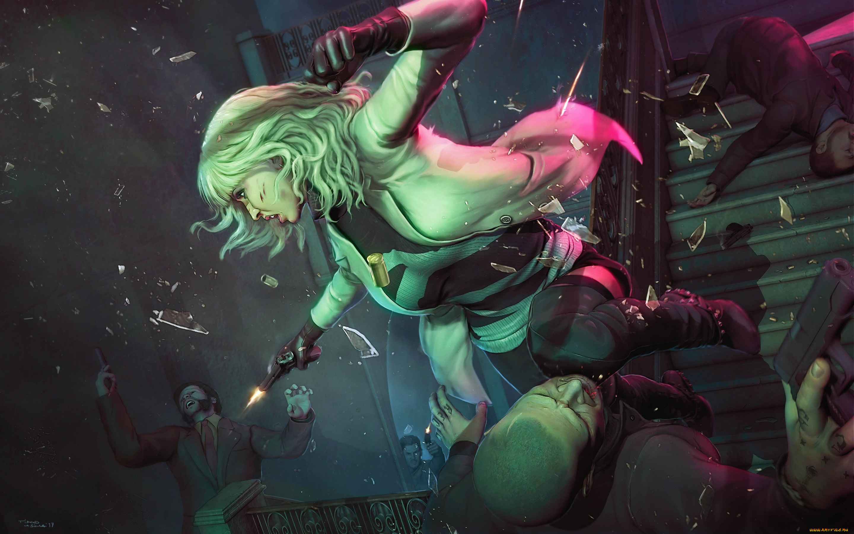 рисованное, кино, убийца, atomic, blonde, осколки, charlize, theron, пистолет, арт, лестница, смерть, фильм, lorraine, broughton, девушка