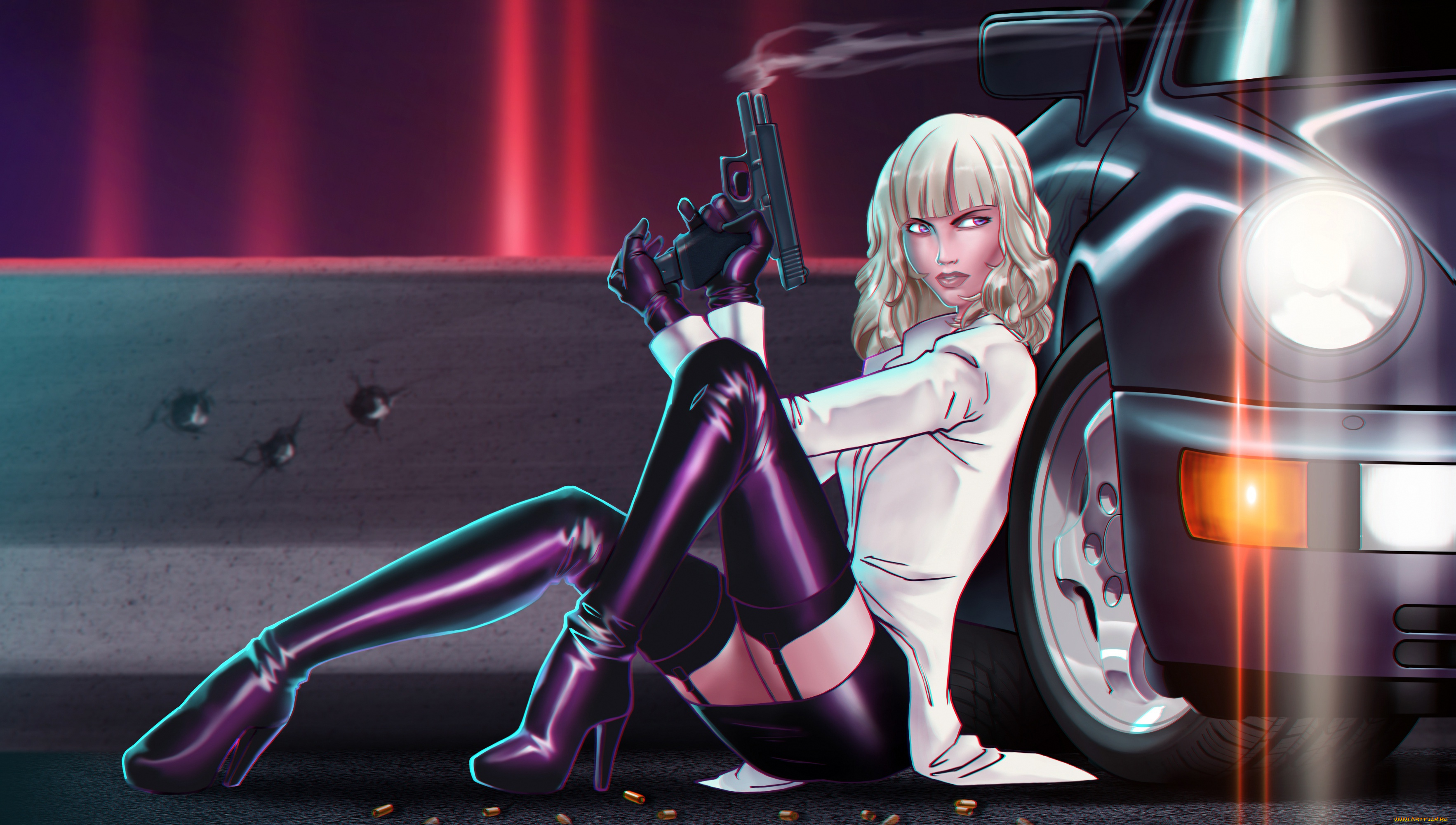 рисованное, кино, каблуки, lorraine, broughton, porsche, atomic, blonde, девушка, пистолет, charlize, theron
