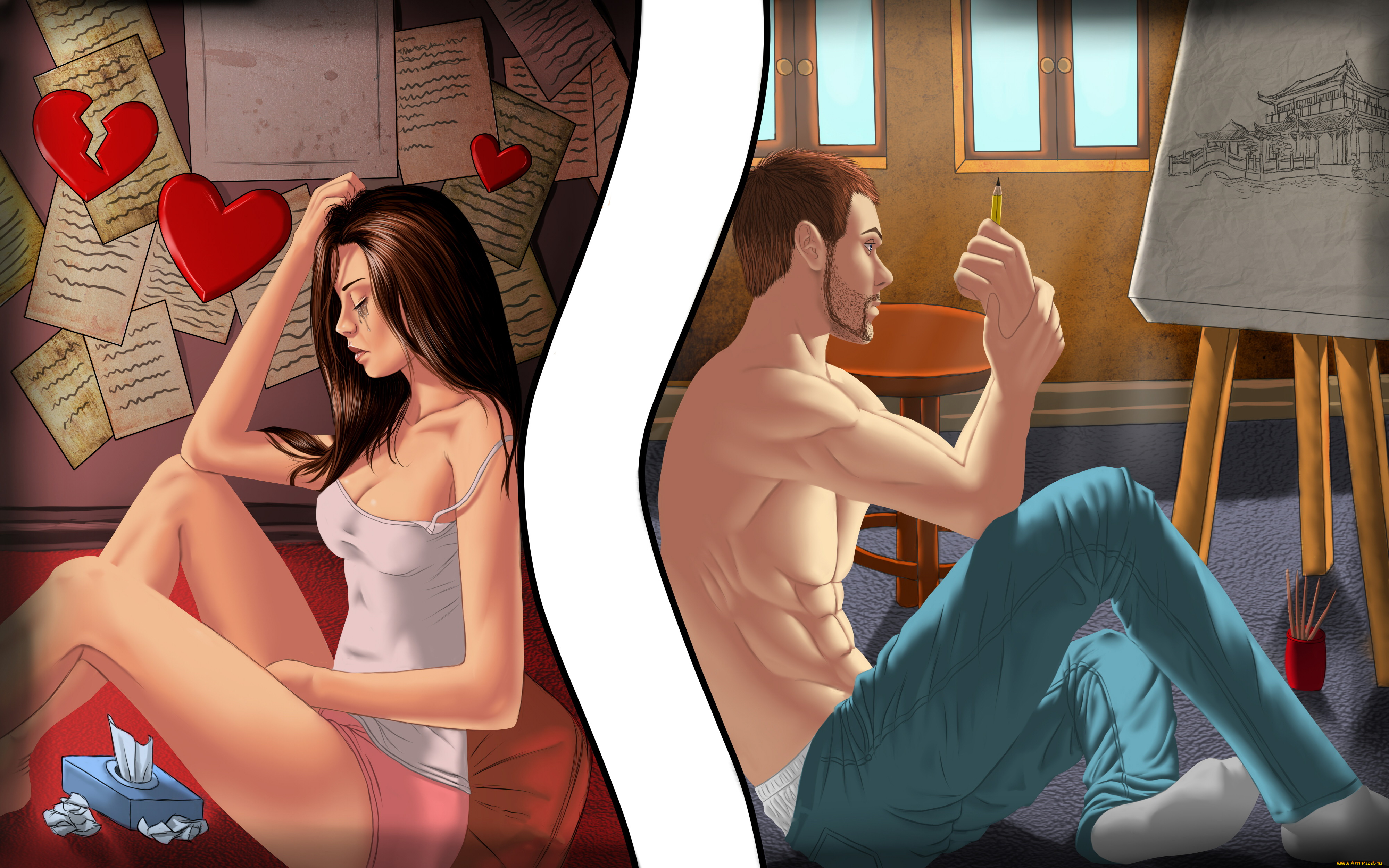 рисованное, люди, фон, картина, сердце, мужчина, девушка