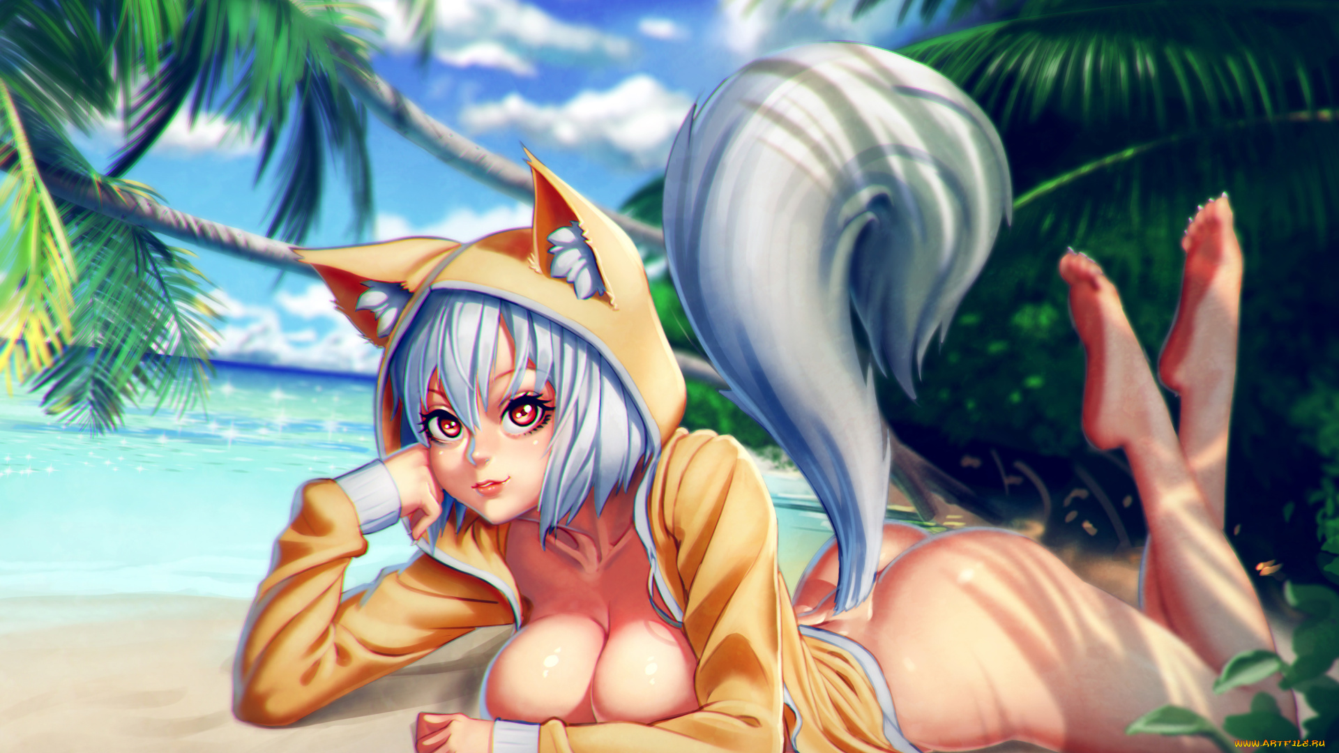 аниме, животные, , существа, девушка, фон, взгляд, уши, капюшон, хвост