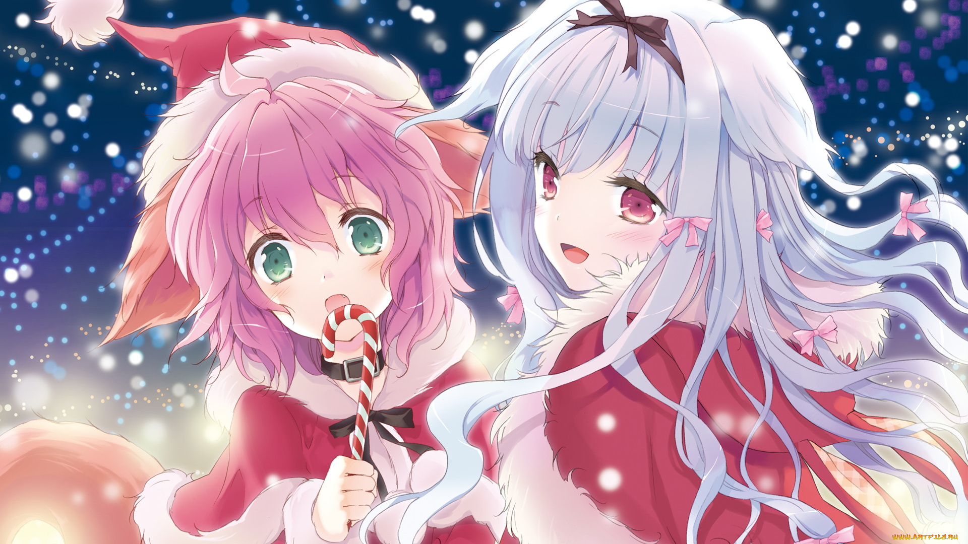 аниме, зима, , новый, год, , рождество, девочки, шапка, леденец, ушки