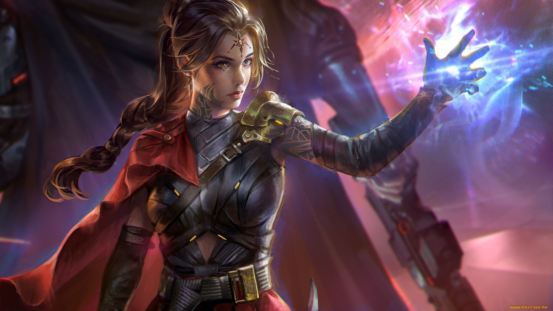 фэнтези, магия, warrior, armor, magic, fantasy, girl, heterochromia, cape, magician, art, wizard, artwork, digital, tattoo, braid
