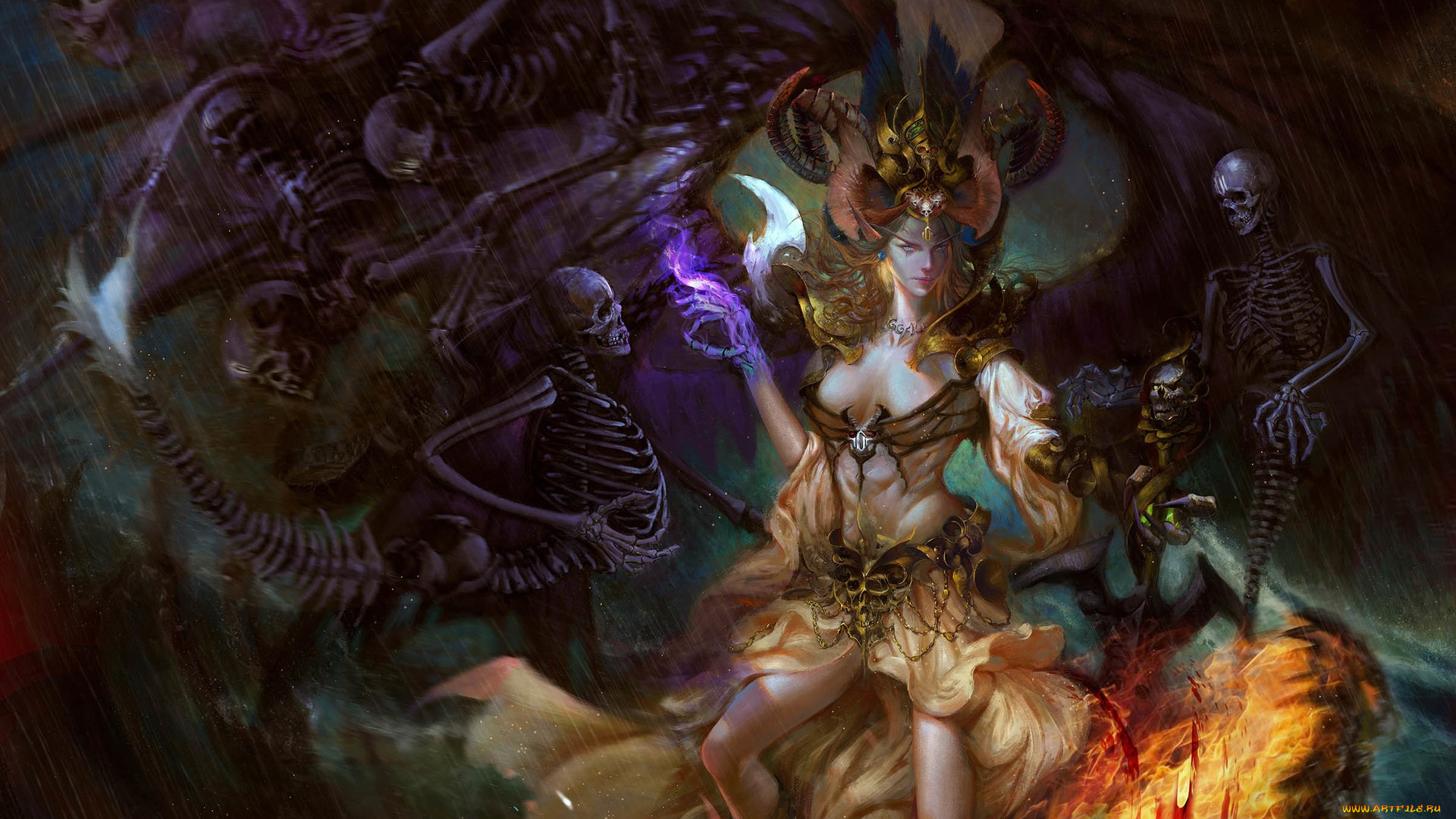 фэнтези, нежить, девушка, демон, демоны, арт, art, фантастика, скелеты, yajun, li, by