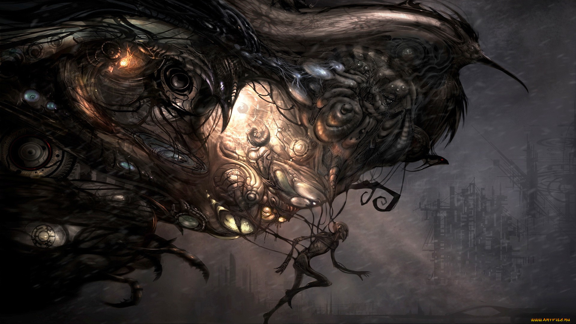 фэнтези, существа, тьма, свет, когти, птицы, бег, человек, город