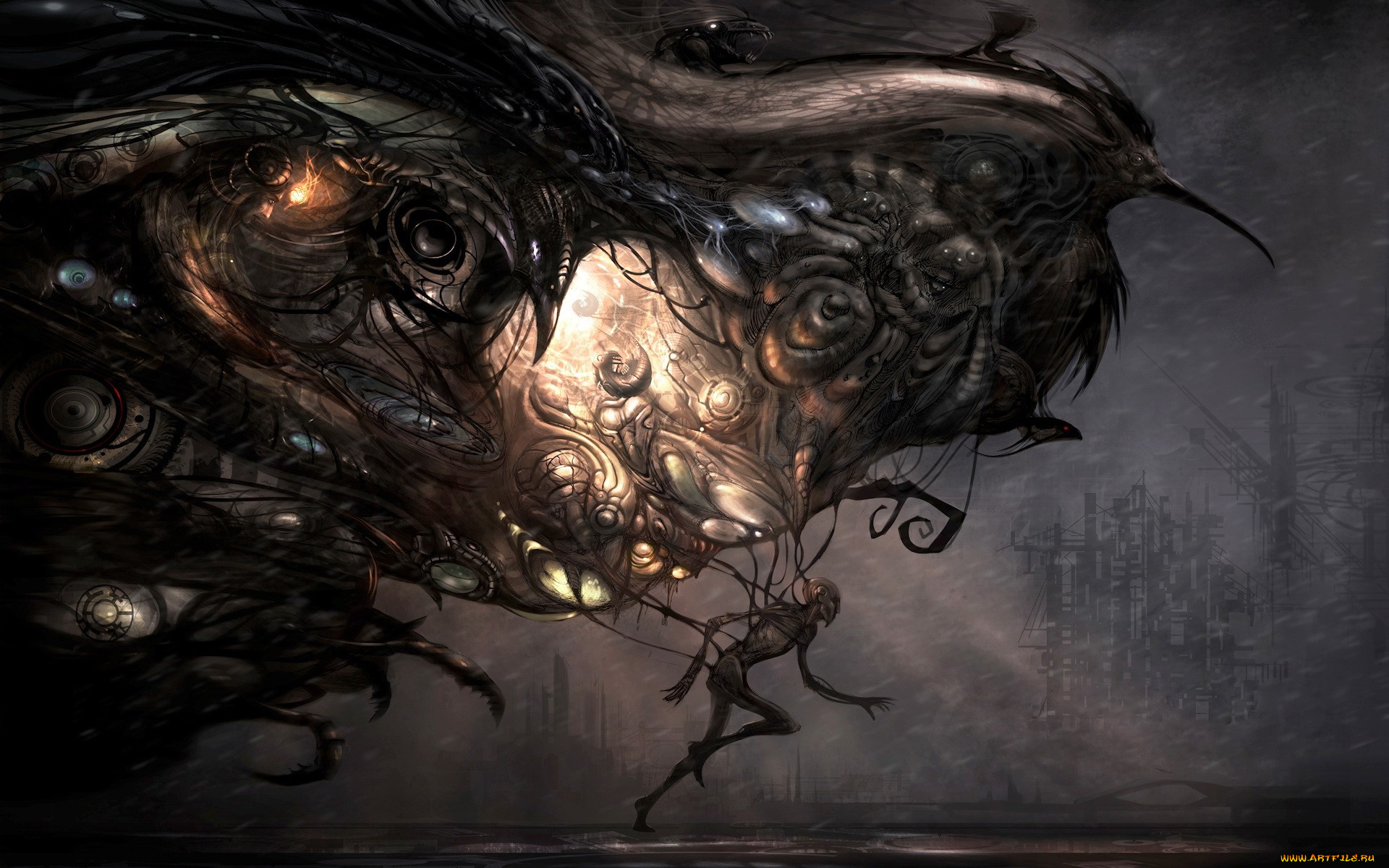 фэнтези, существа, тьма, свет, когти, птицы, бег, человек, город