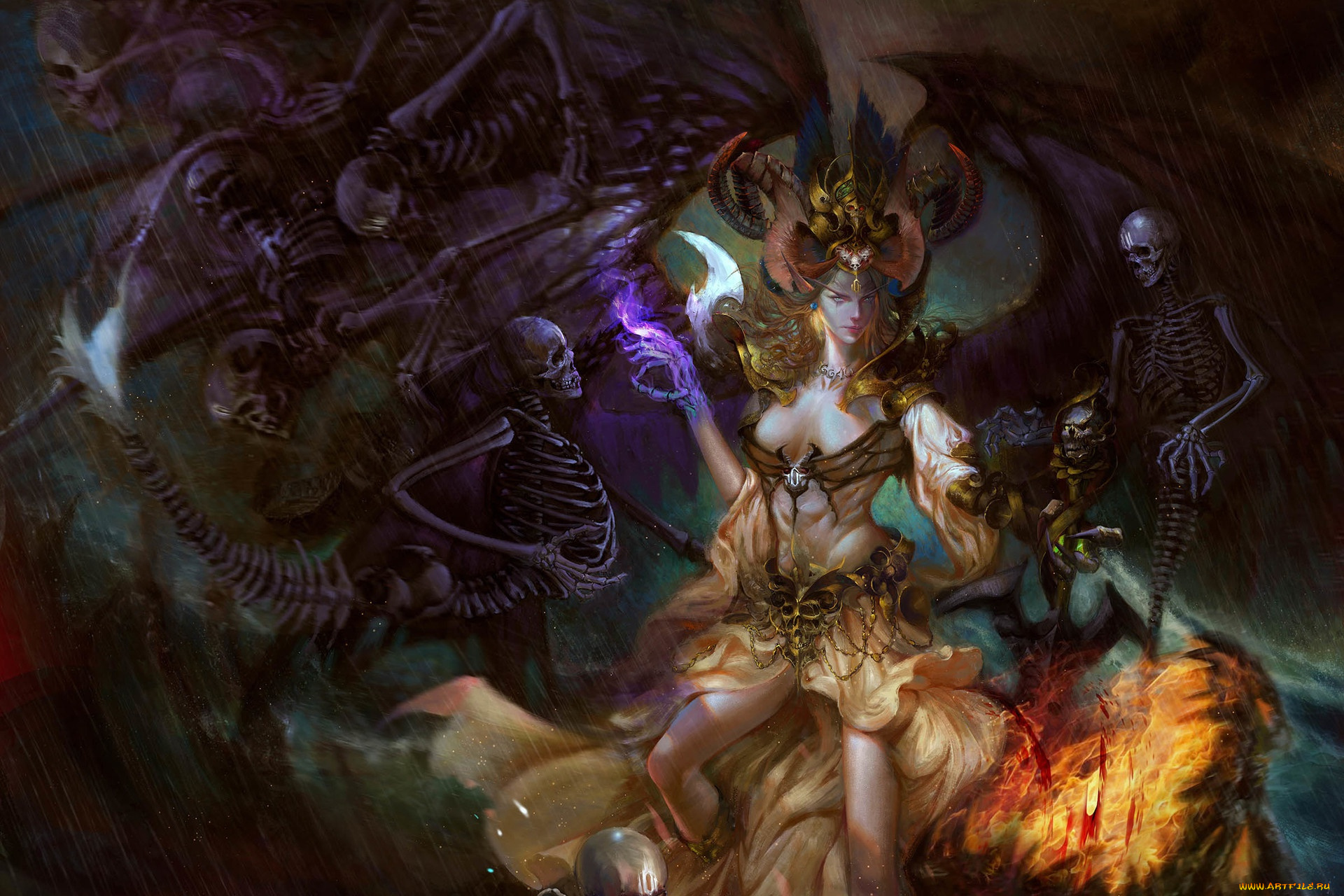 фэнтези, нежить, девушка, демон, демоны, арт, art, фантастика, скелеты, yajun, li, by
