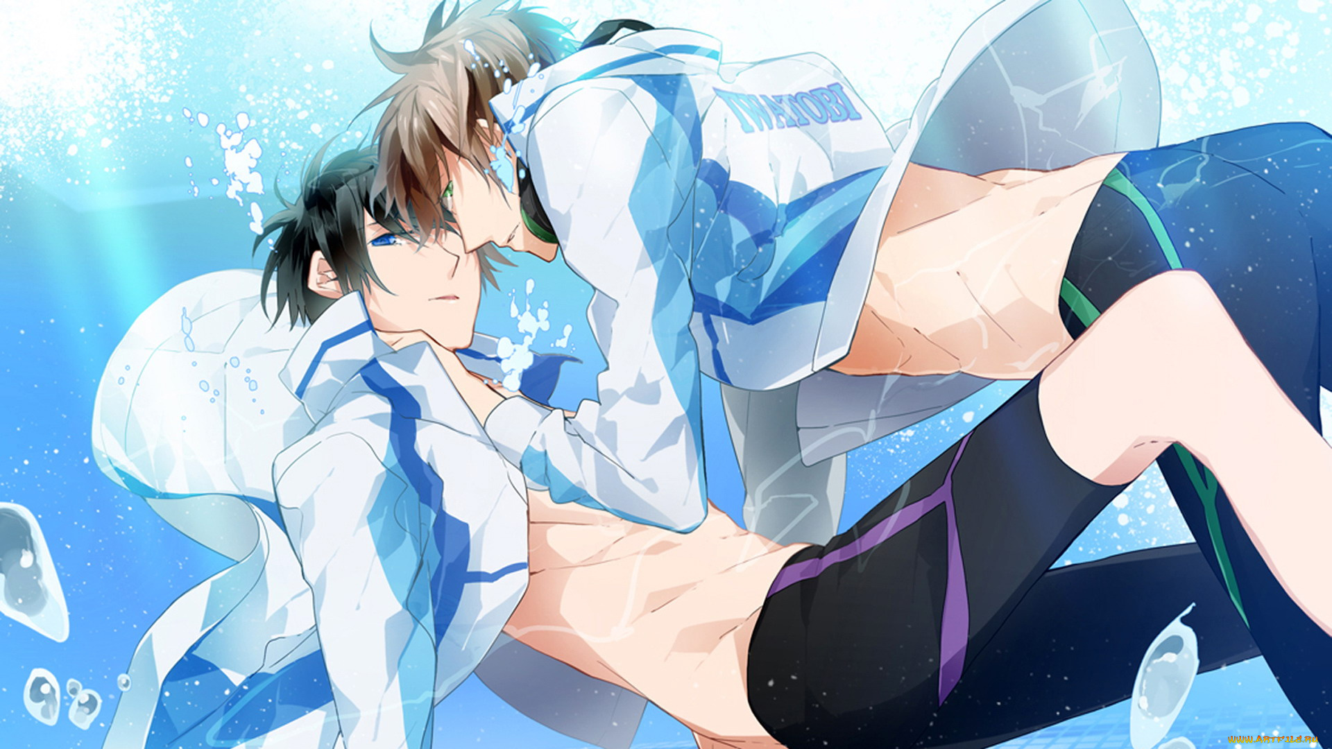 аниме, free, парни, бассейн, вода, куртки, шорты