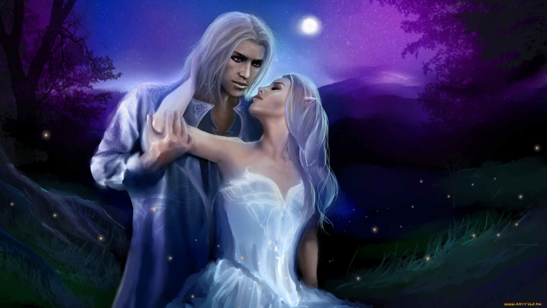 фэнтези, эльфы, девушка, луна, фон, мужчина