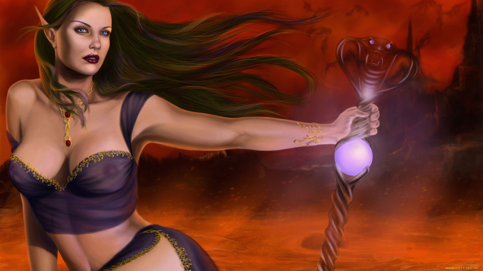 фэнтези, эльфы, девушка, посох, взгляд, фон