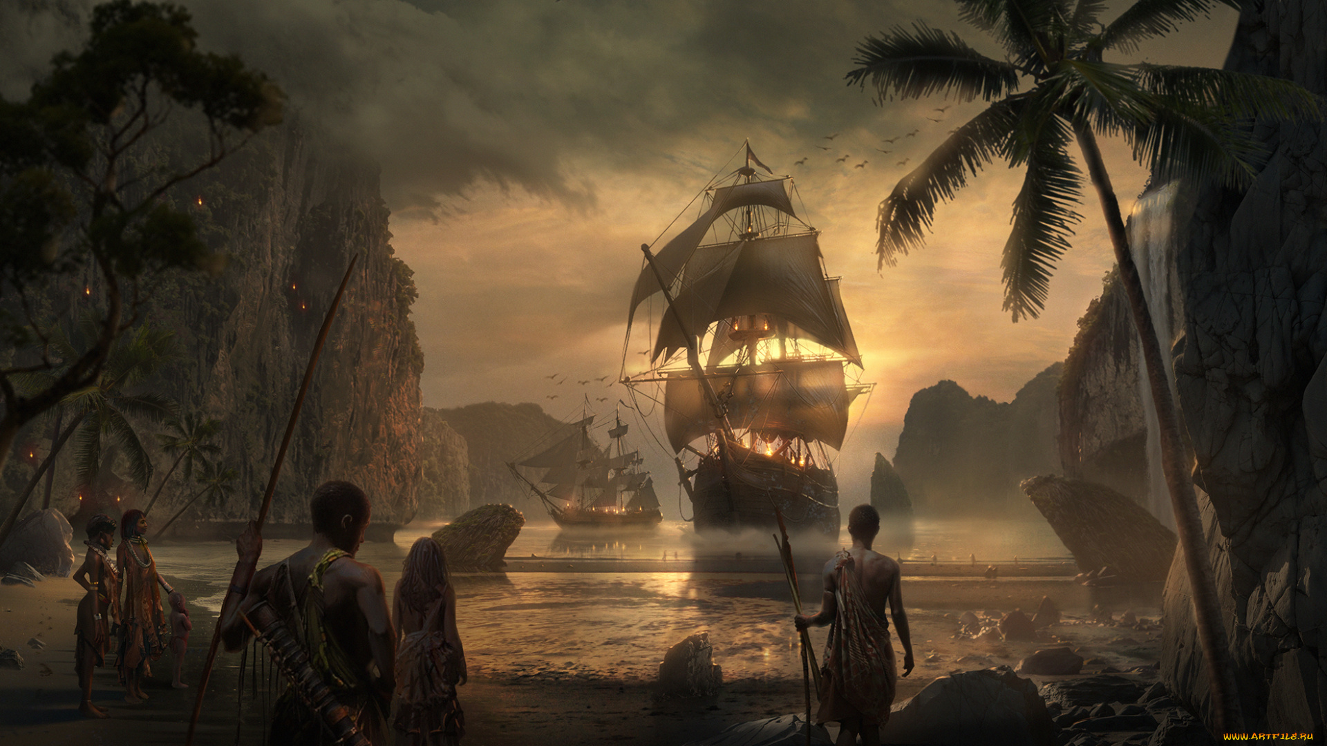 фэнтези, люди, фон, корабль