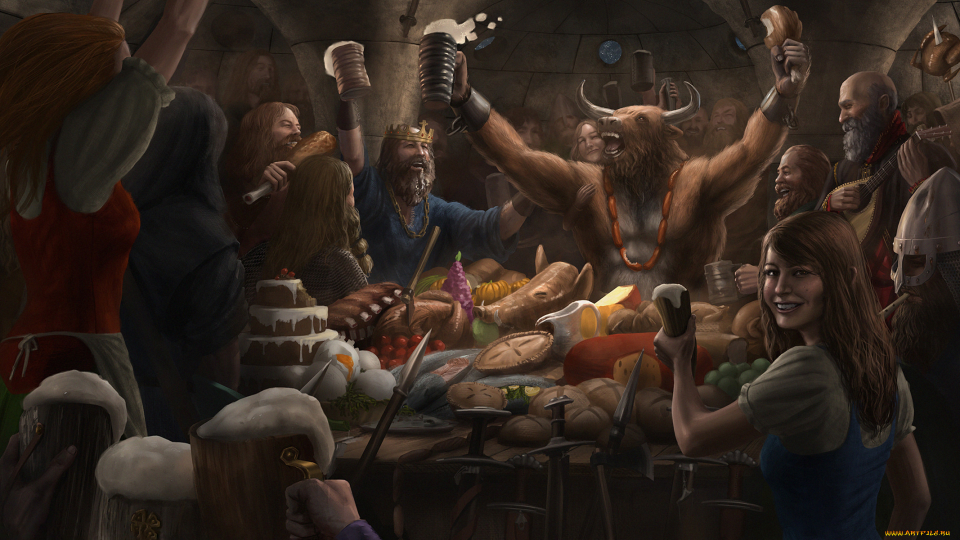 фэнтези, люди, пир, стол, явства, еда, монстры, минотавр, праздник, застолье