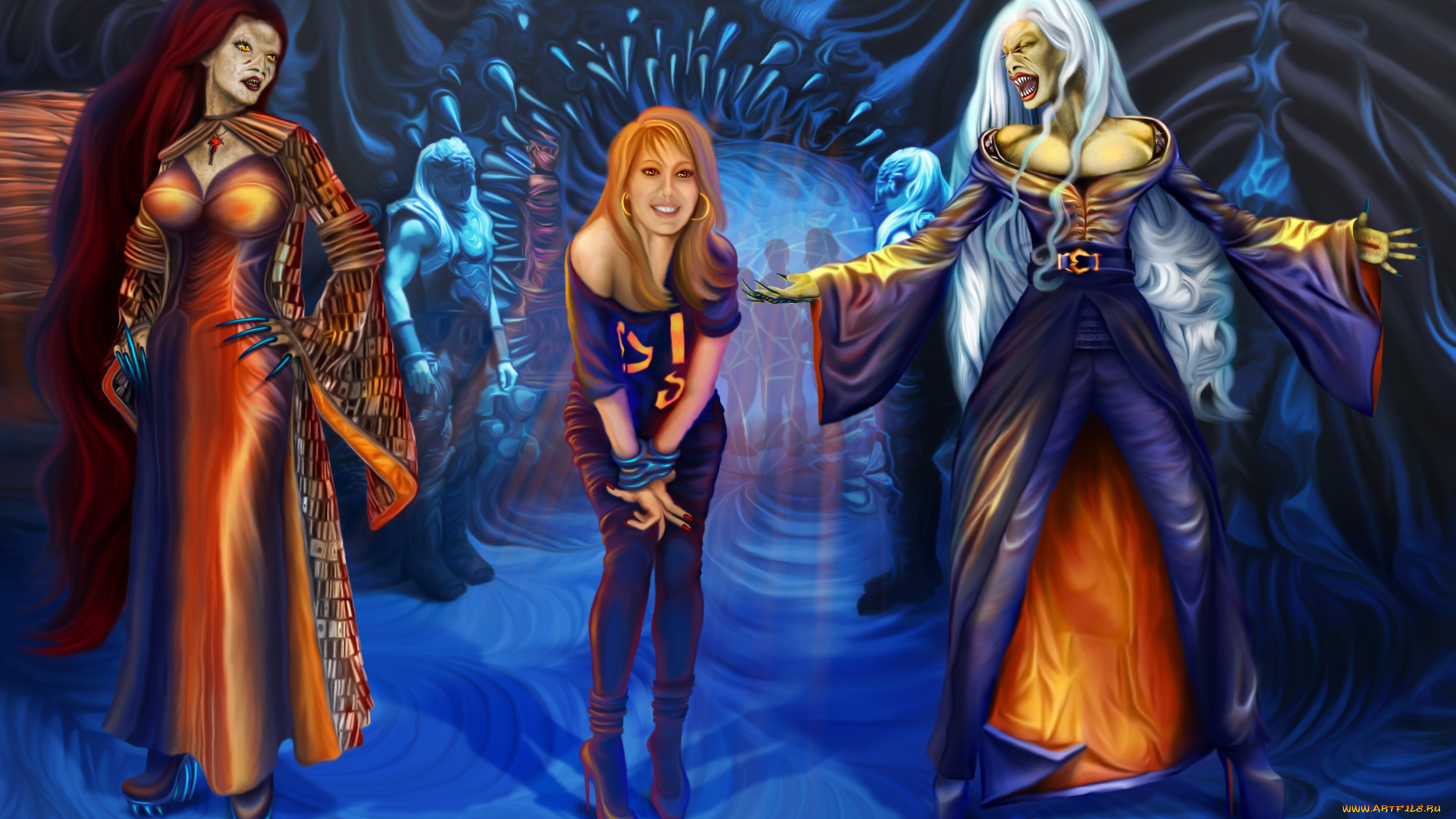 фэнтези, существа, улыбка, взгляд, фон, девушки