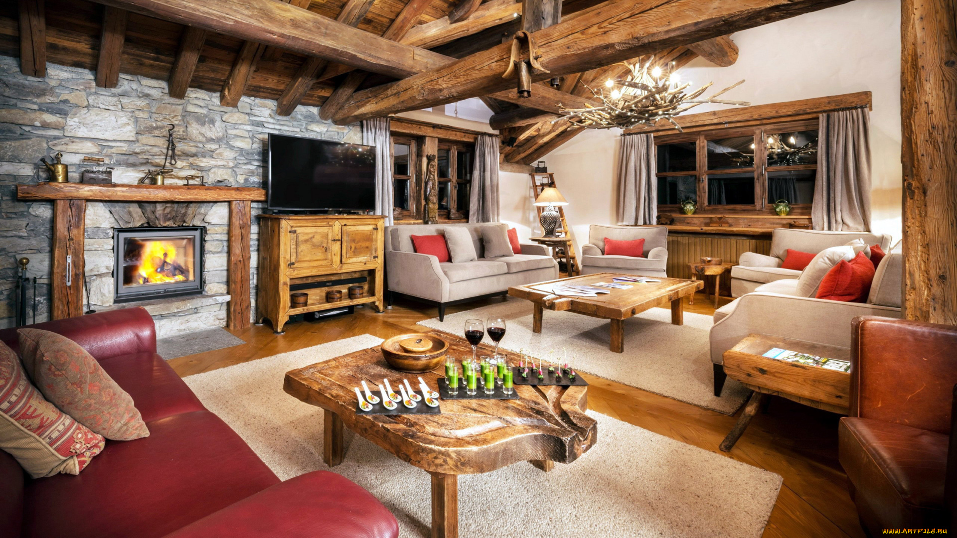 интерьер, гостиная, стол, накрытый