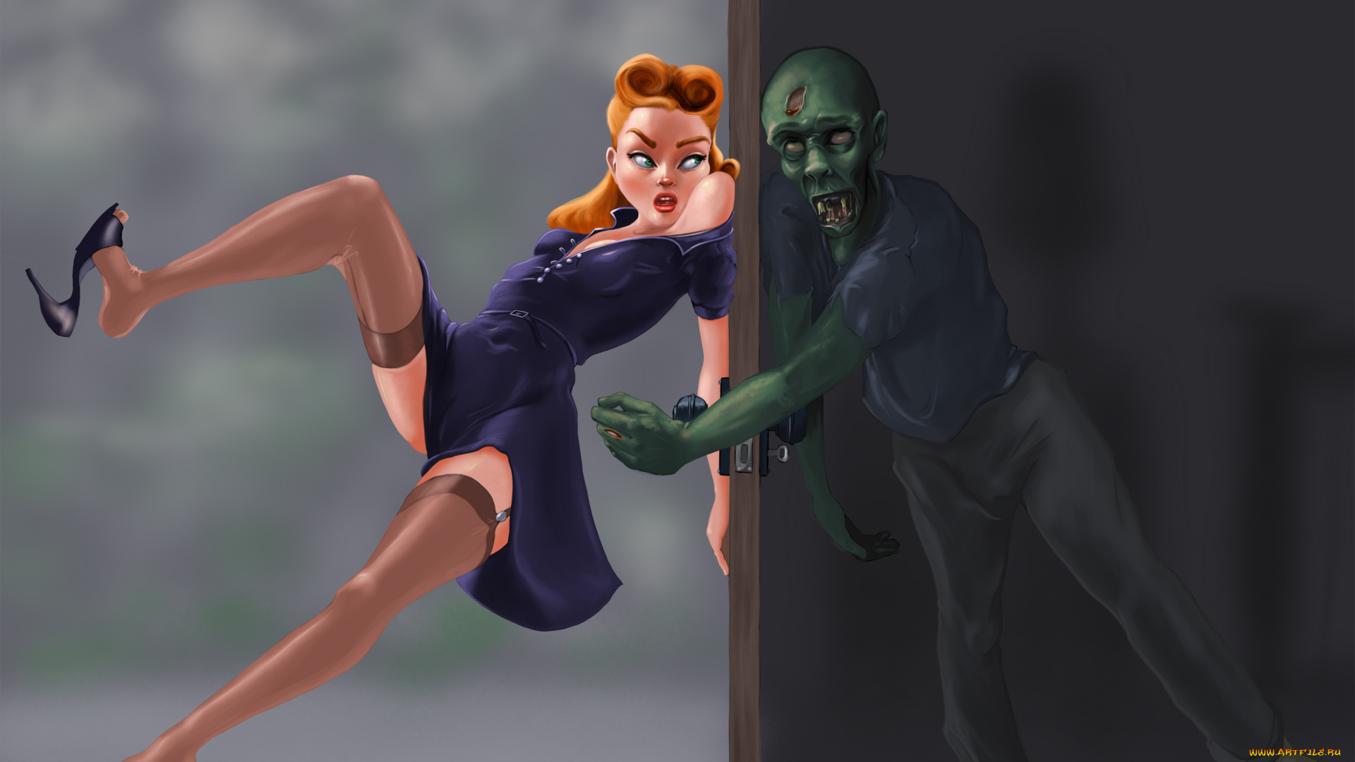 рисованное, комиксы, зомби, фон, девушка