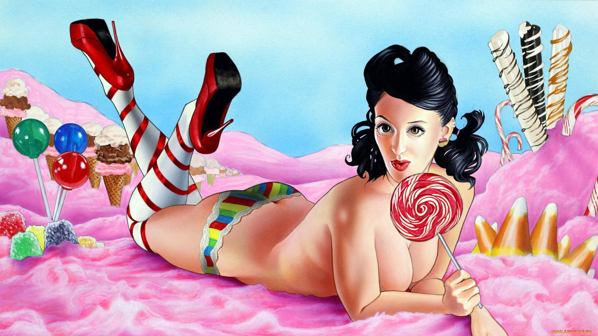 рисованное, люди, девушка, фон, взгляд, леденец