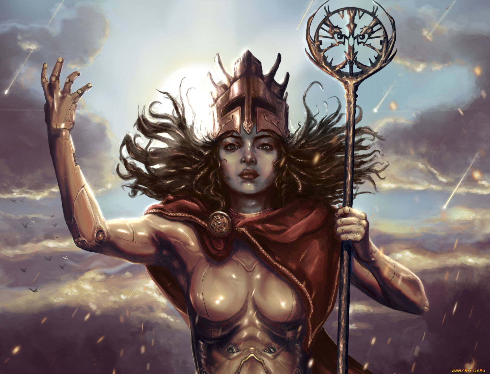 фэнтези, девушки, взгляд, фон, девушка, униформа, посох