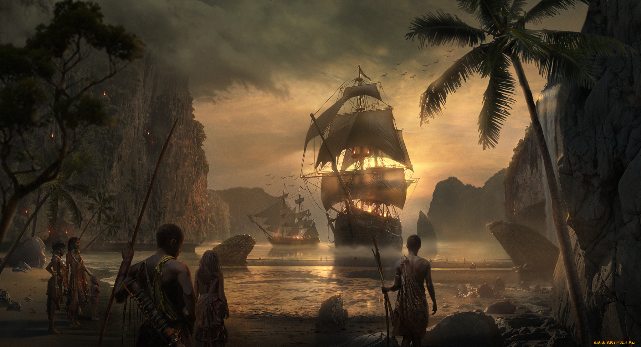 фэнтези, люди, фон, корабль
