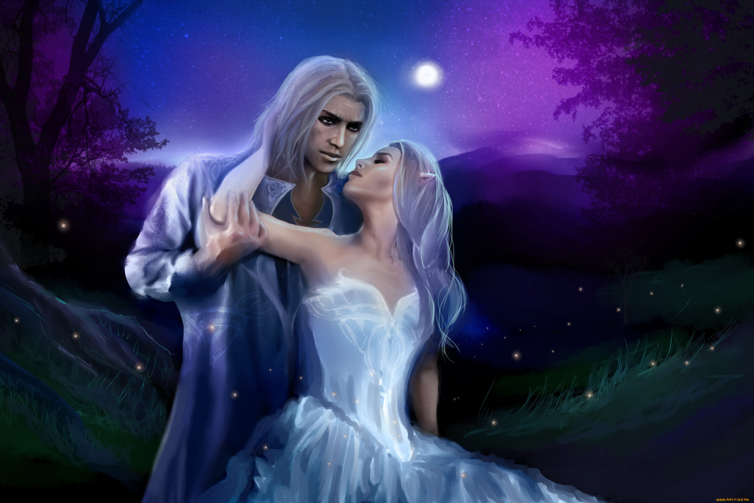 фэнтези, эльфы, девушка, луна, фон, мужчина