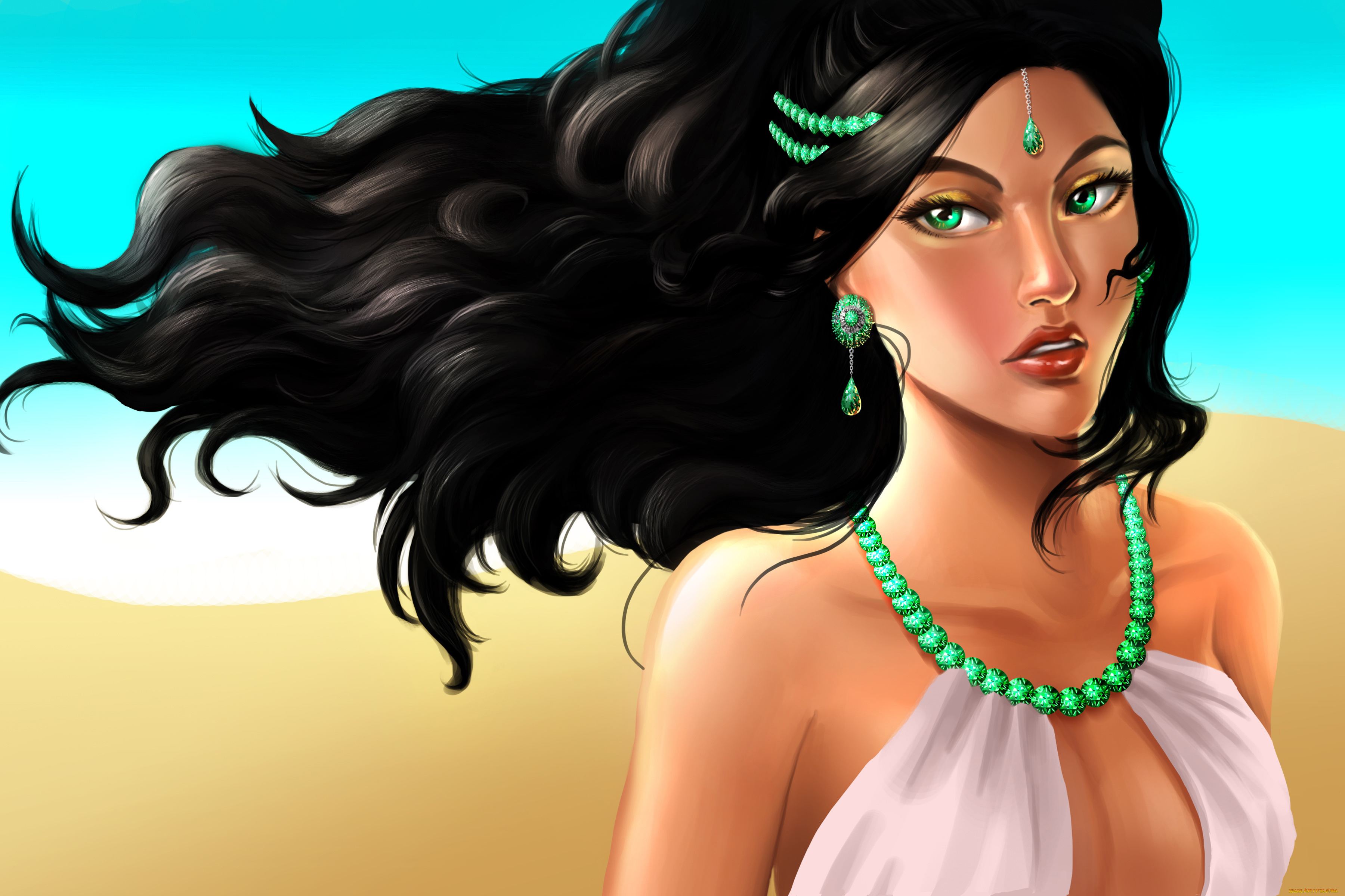 рисованное, люди, девушка, фон, взгляд, украшения