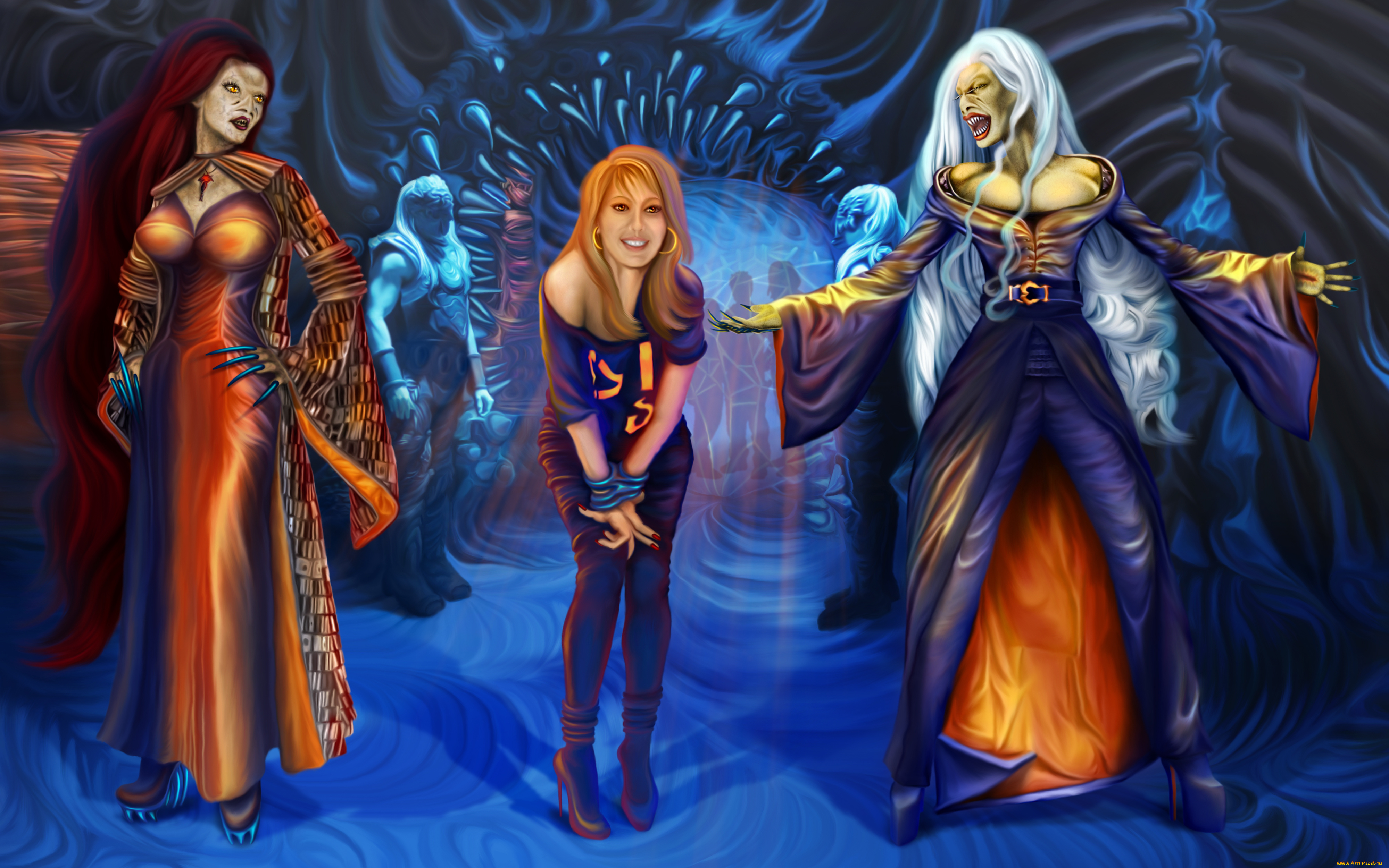 фэнтези, существа, улыбка, взгляд, фон, девушки