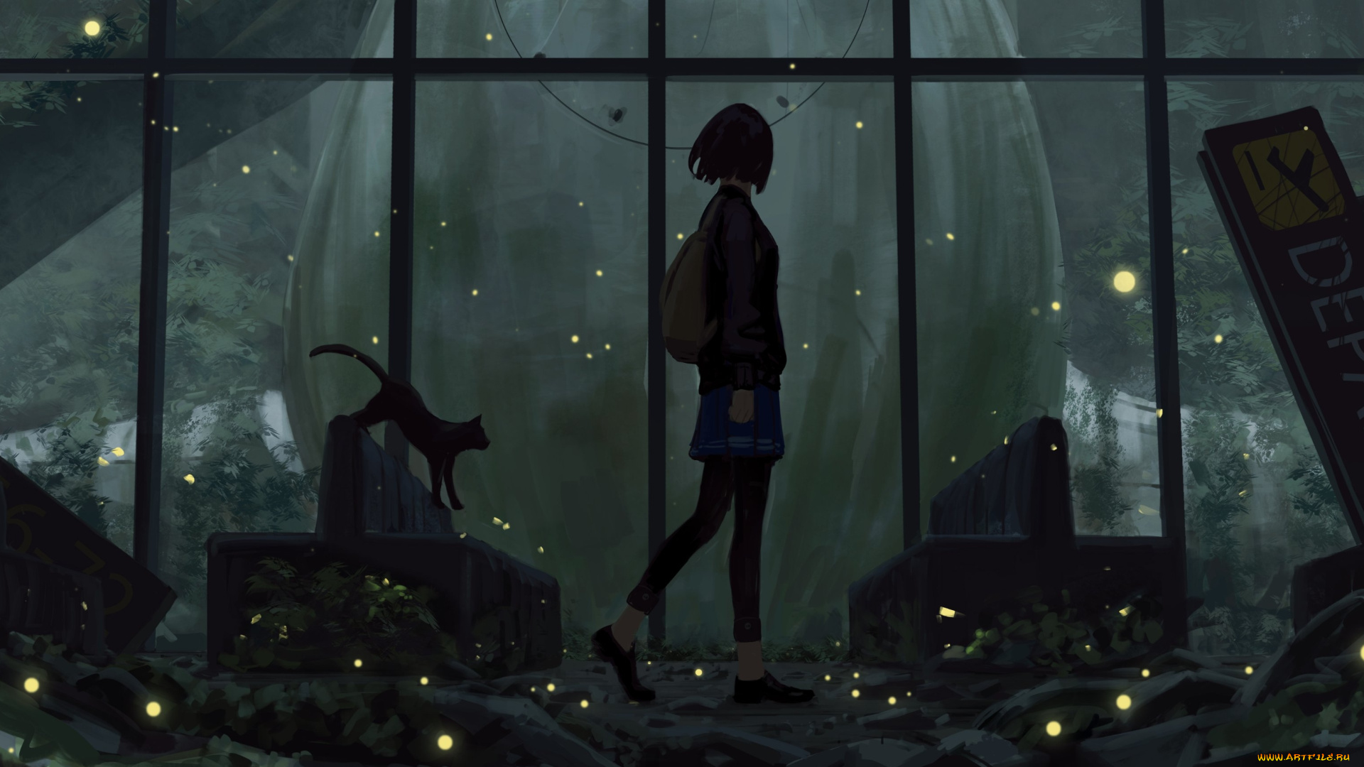 аниме, unknown, , другое, , девушка, кот, кошка