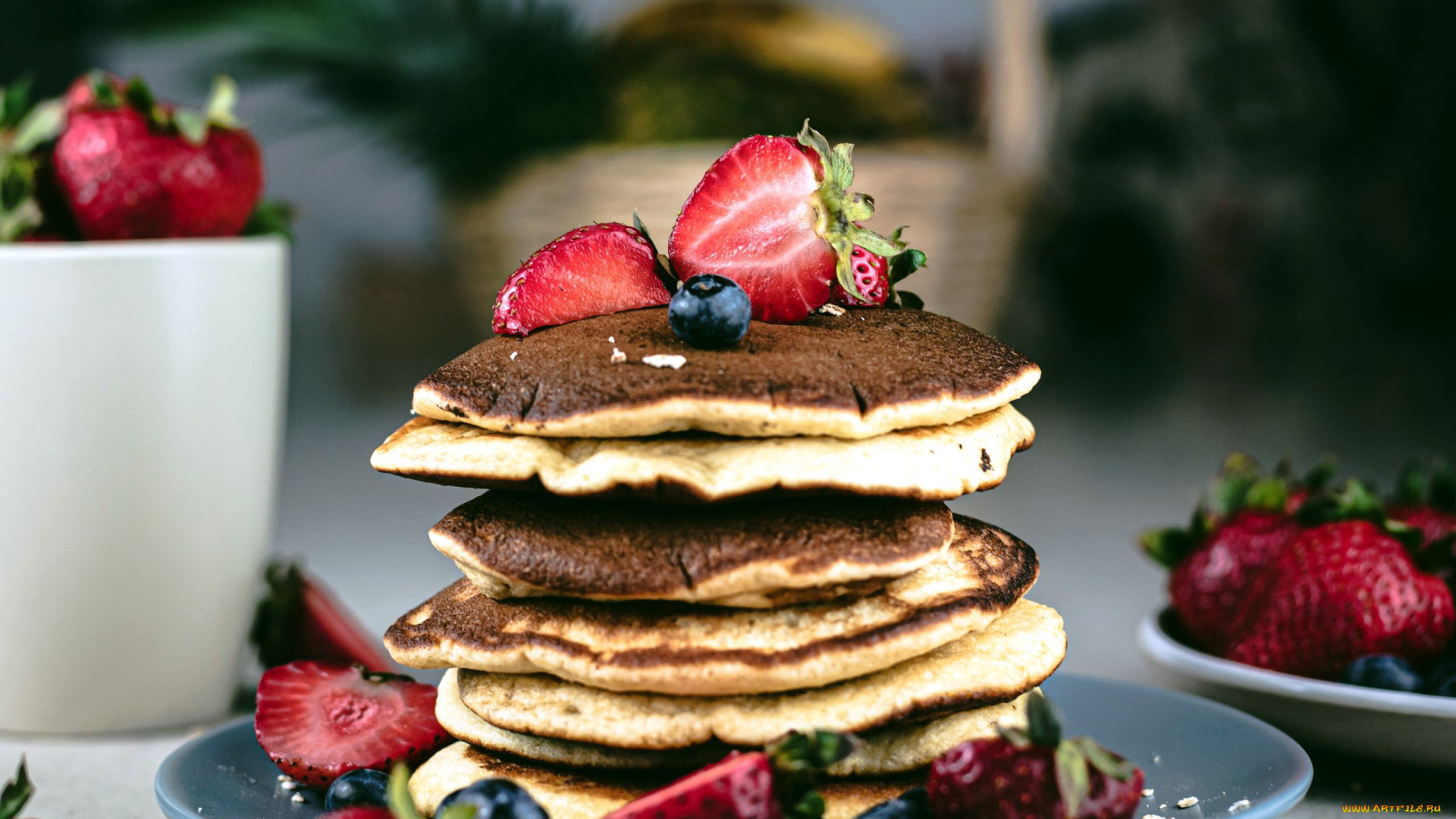 еда, блины, , оладьи, клубника, оладьи, десерт