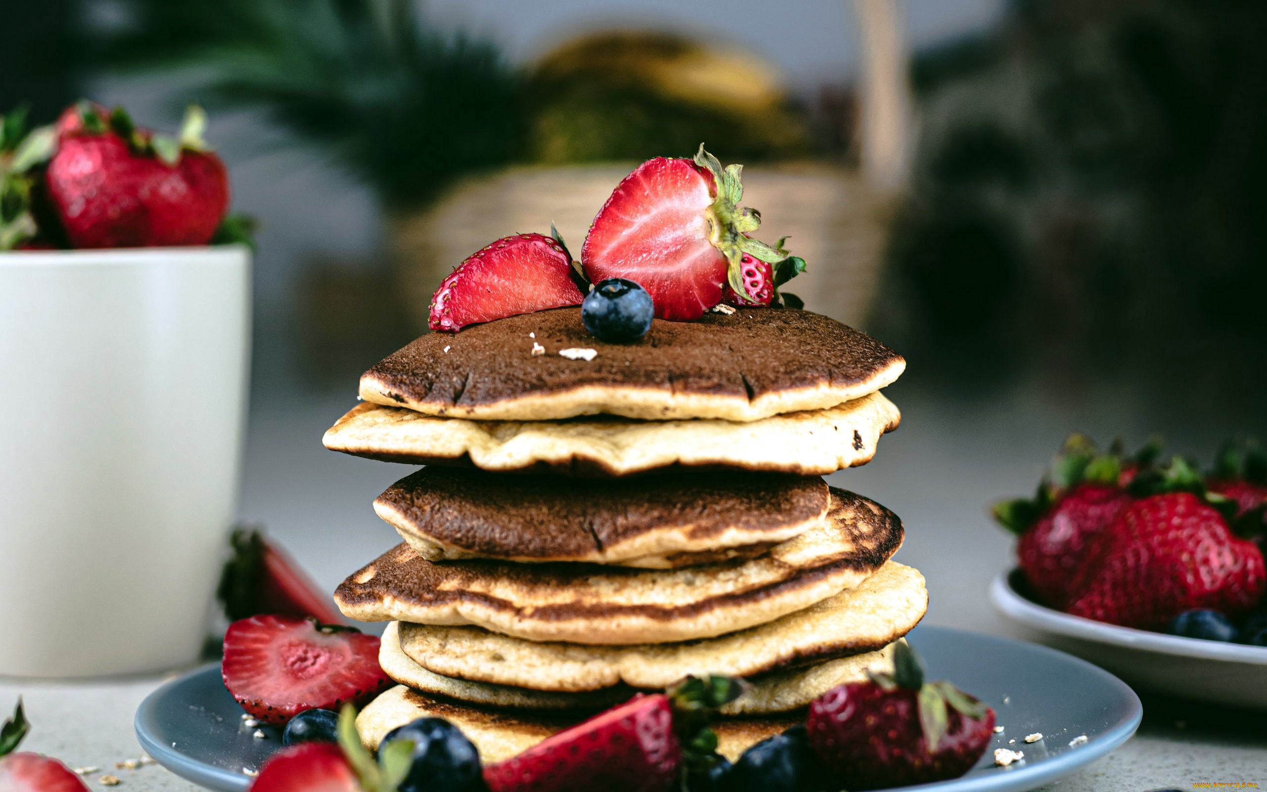еда, блины, , оладьи, клубника, оладьи, десерт