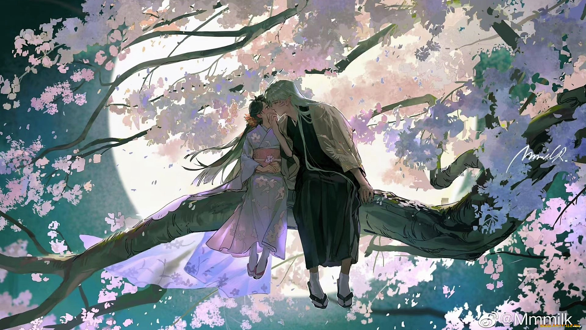 аниме, inuyasha, пара, поцелуй, ветка, дерево, цветение