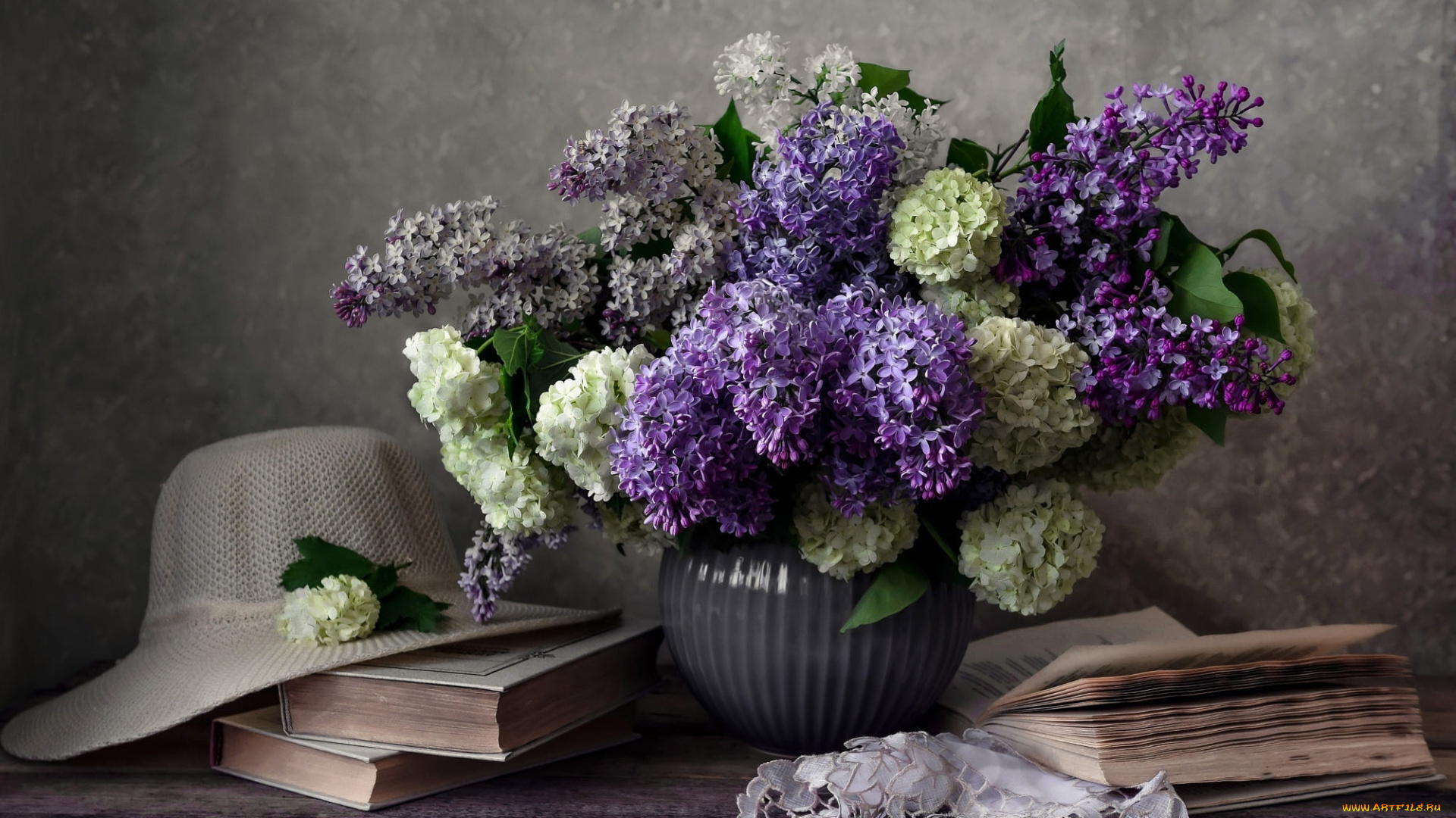 цветы, букеты, , композиции, шляпа, книги, букет, сирень, калина
