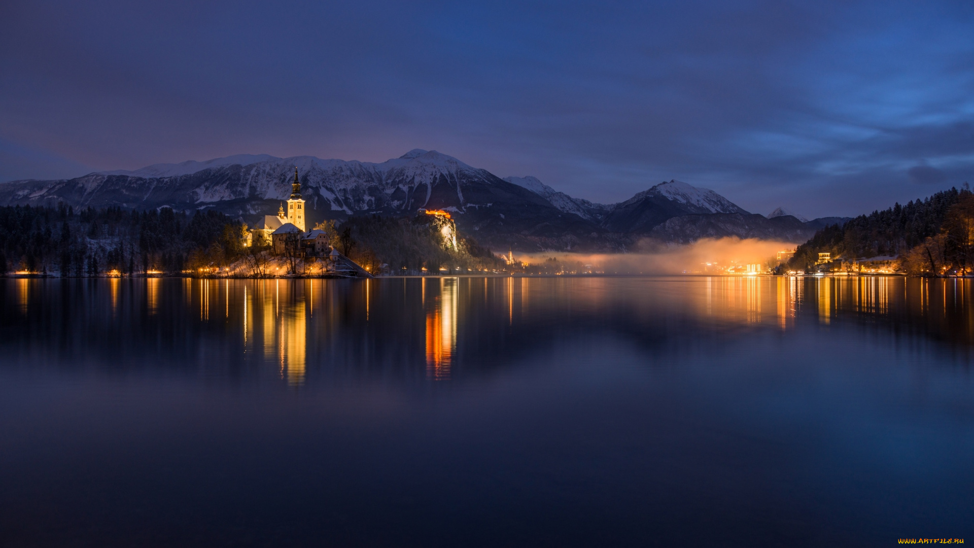 города, -, огни, ночного, города, церковь, успения, пресвятой, богородицы, словения, ночь