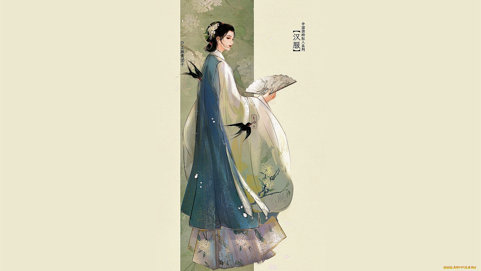 рисованное, люди, девушка, веер, ласточки