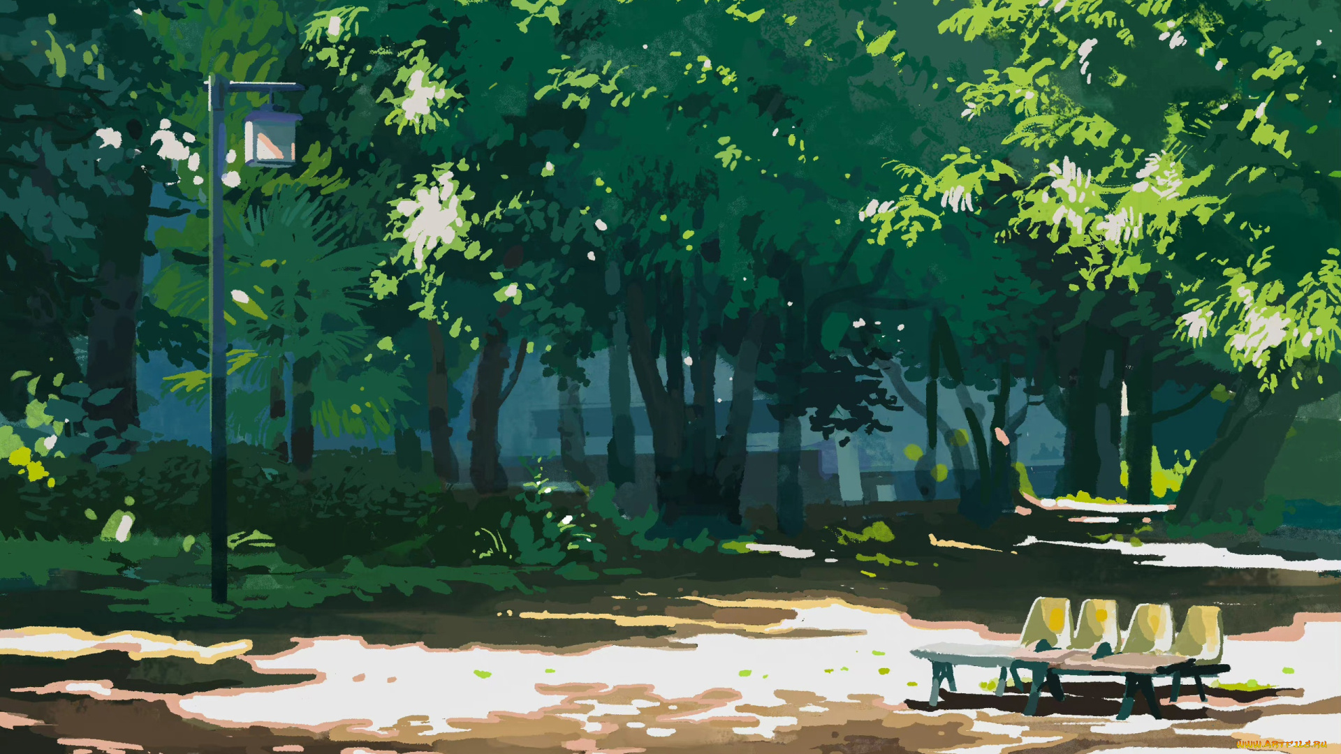 рисованное, природа, деревья, фонарь, сиденья, парк