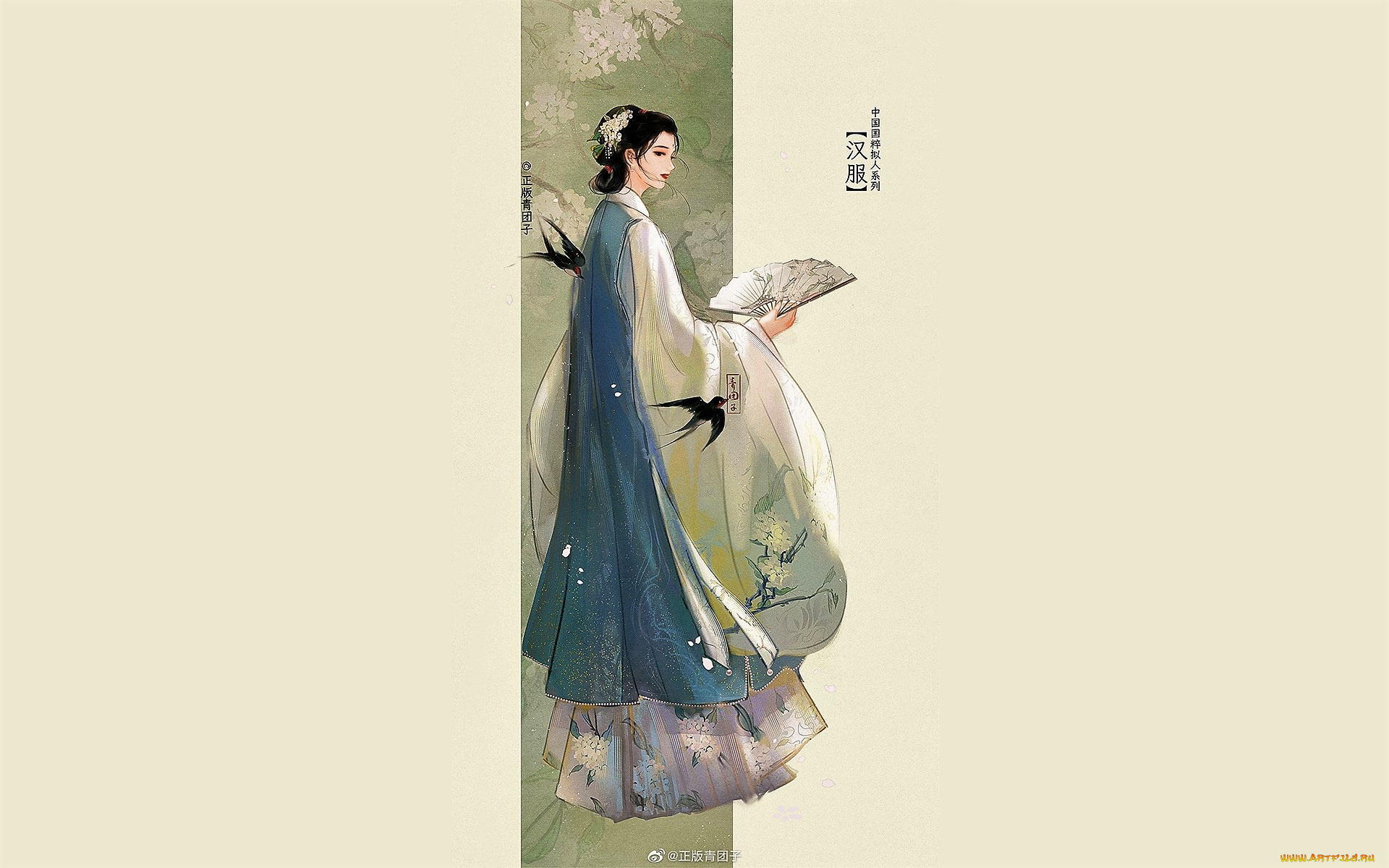 рисованное, люди, девушка, веер, ласточки