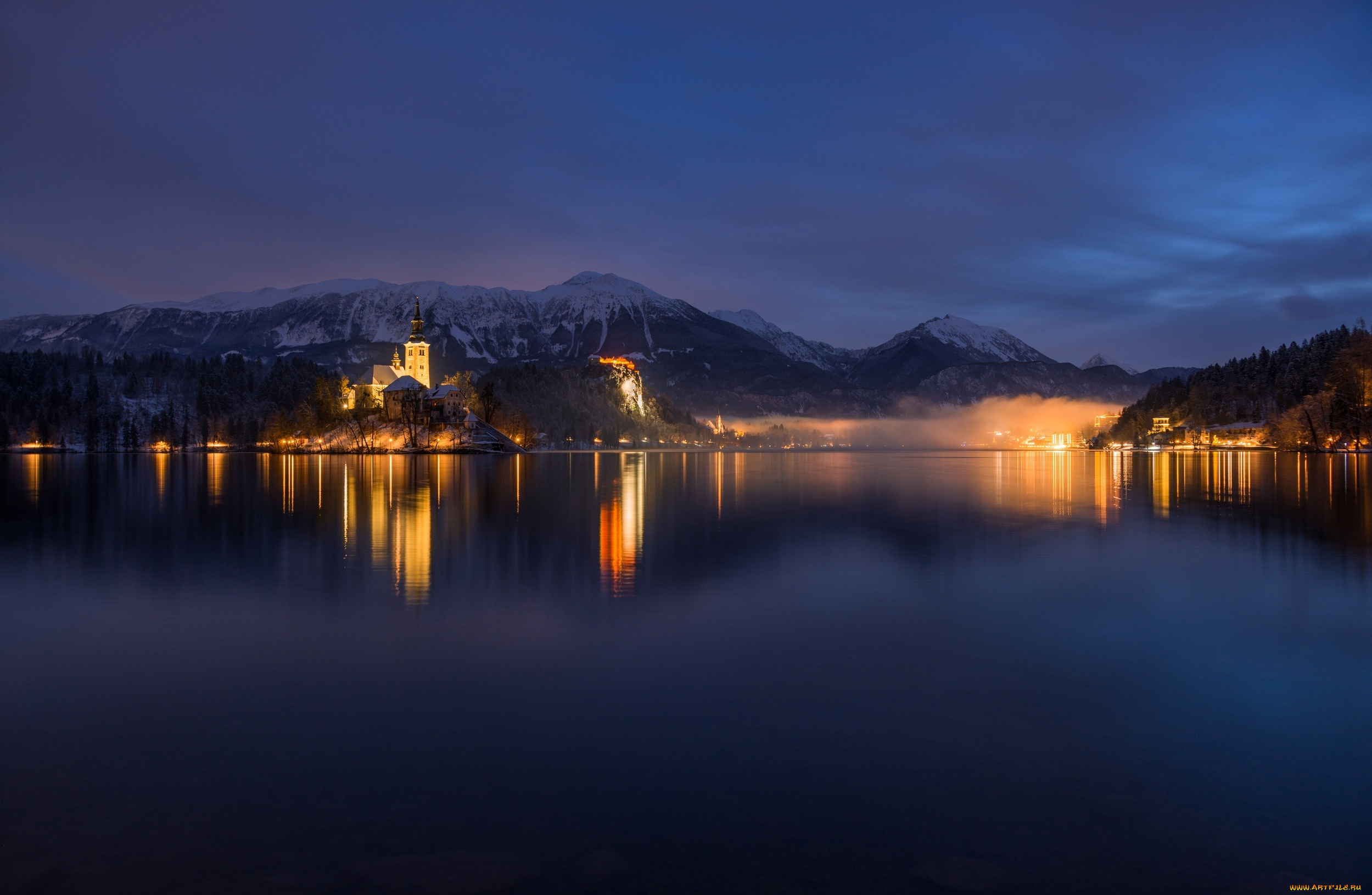 города, -, огни, ночного, города, церковь, успения, пресвятой, богородицы, словения, ночь