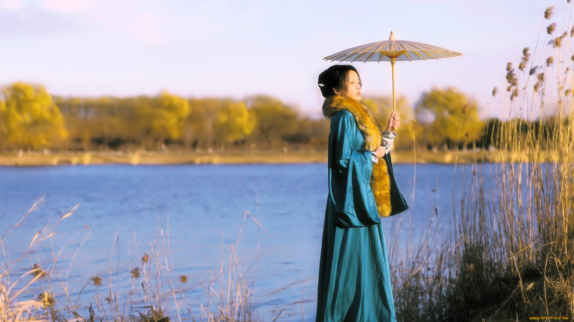 wendy, luo, luo, qiu, yun, девушки, -, азиатки, костюм, зонт, озеро