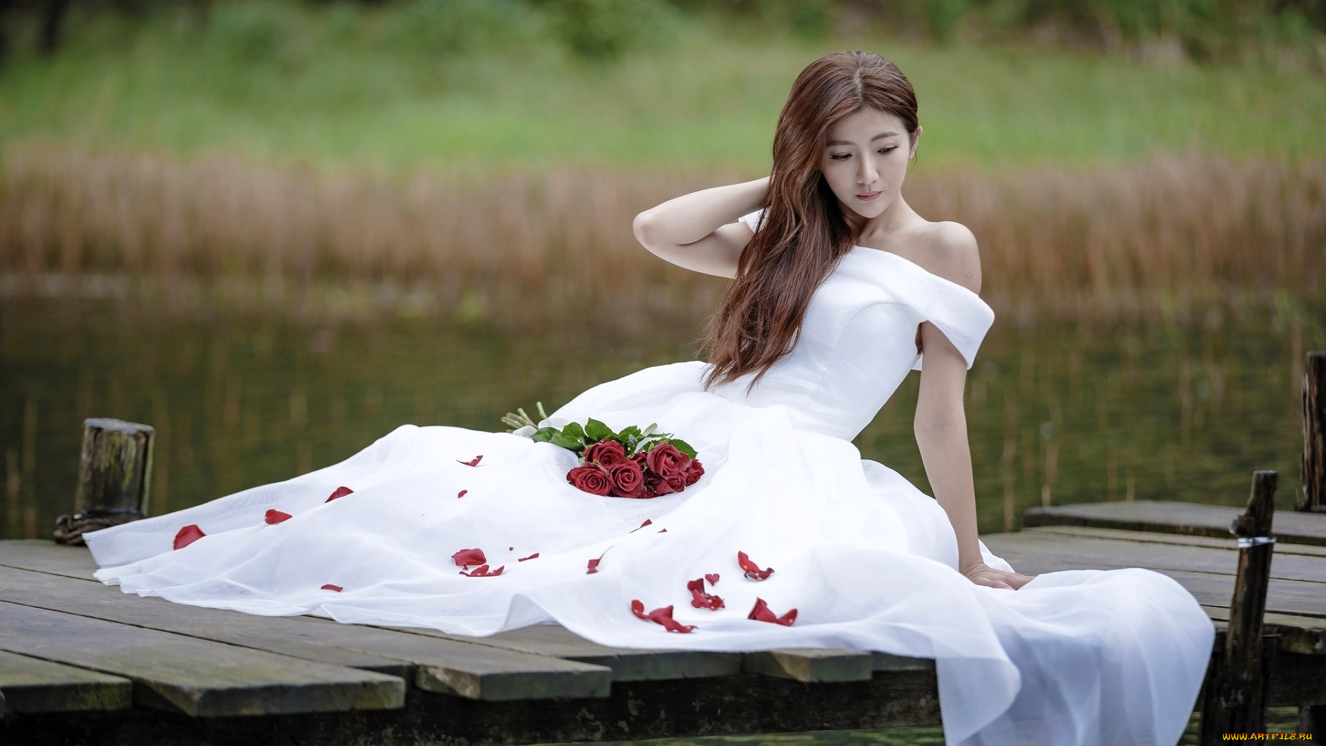 девушки, -, невесты, шатенка, платье, цветы, лепестки