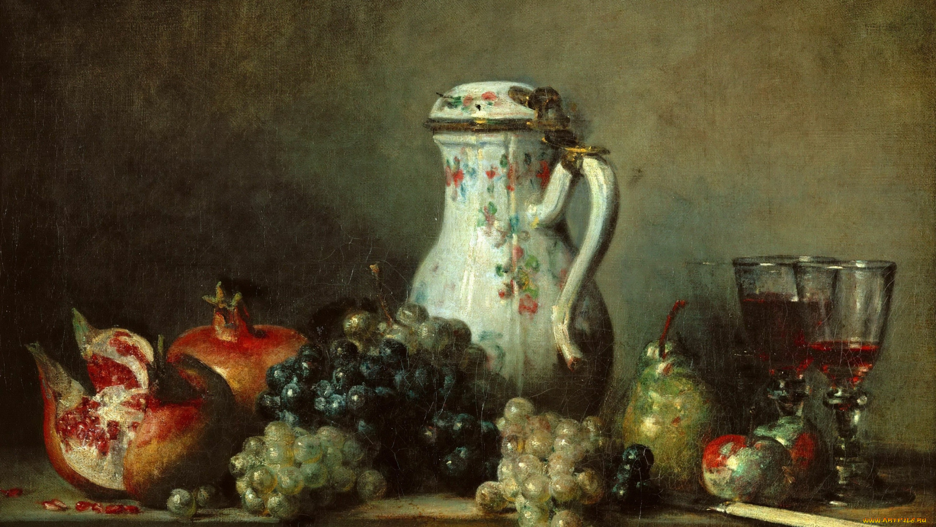 jean, baptiste, sim&, 233, on, chardin, рисованное, живопись, лувр, шарден, жан, батист, симеон, париж, 1699, 1779, гранаты, и, виноград
